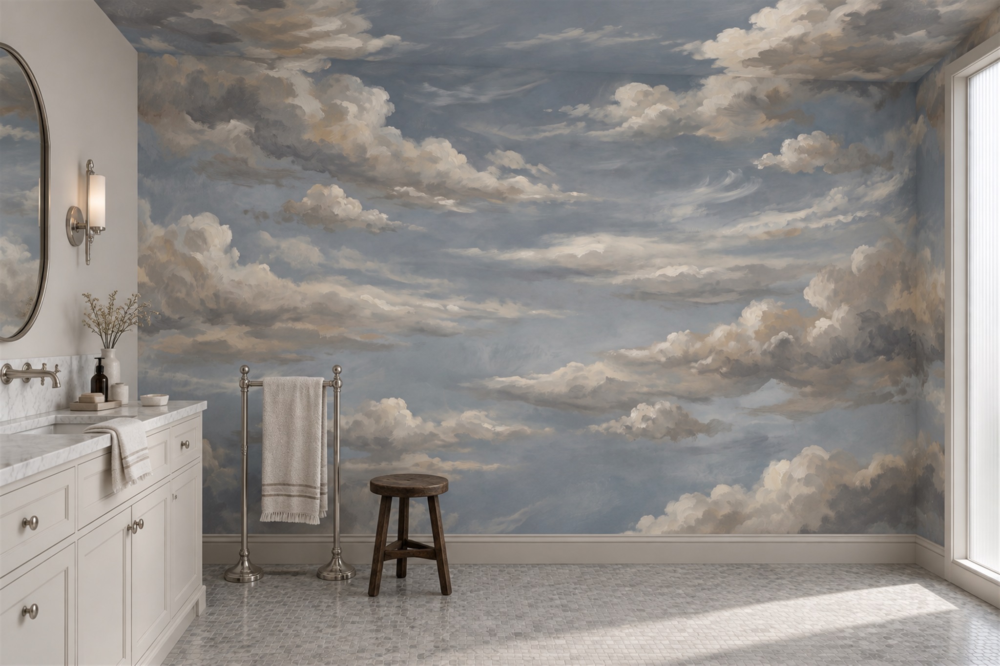 Grey Clouds Artful Wallpaper Mural Bathroom-wallpaper-murals, Peel-and-stick Finish