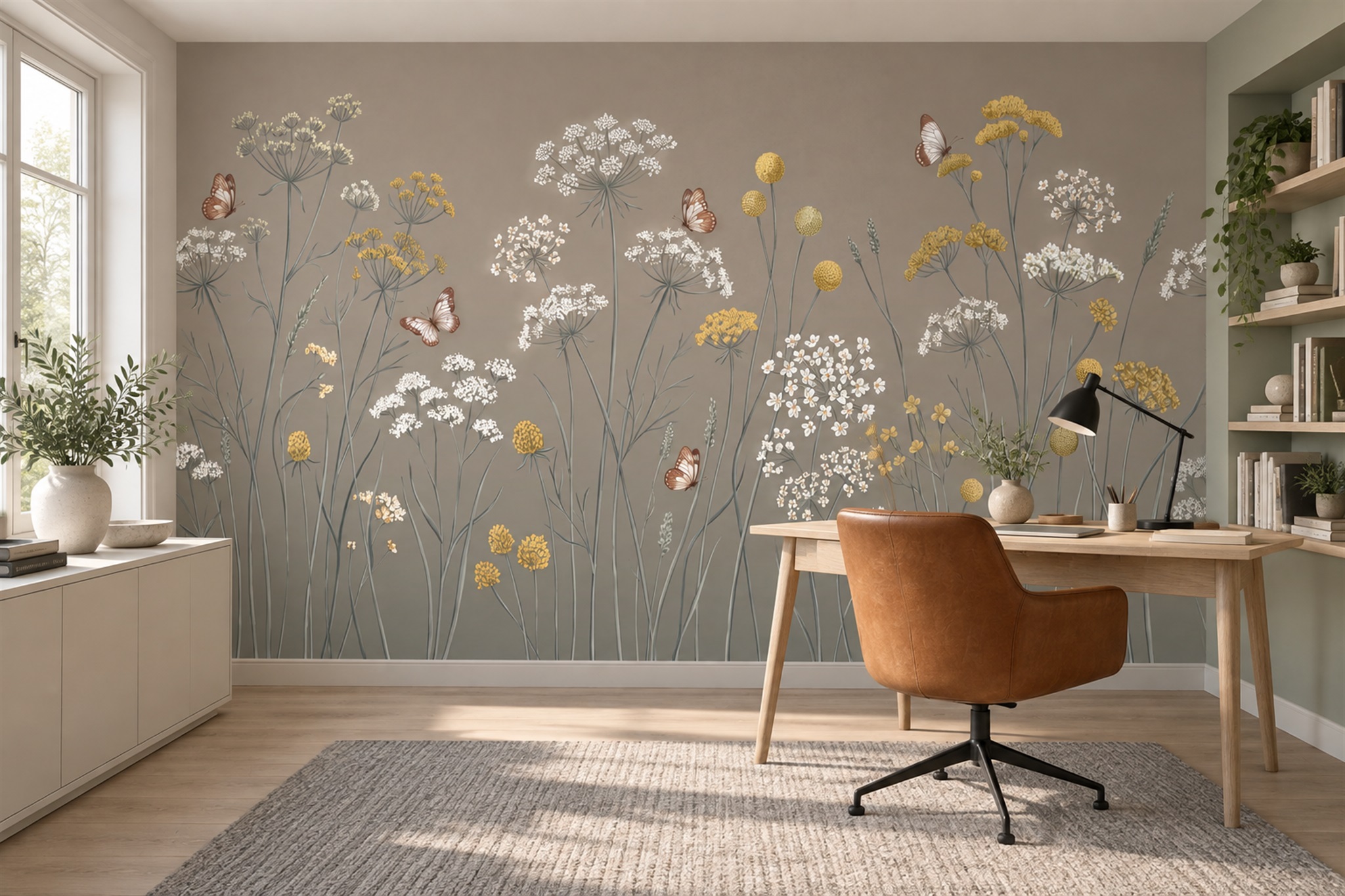 Taupe Meadow Scenic Wallpaper Mural Office-wallpaper-murals, Shown In A Home Office, Peel-and-stick Finish