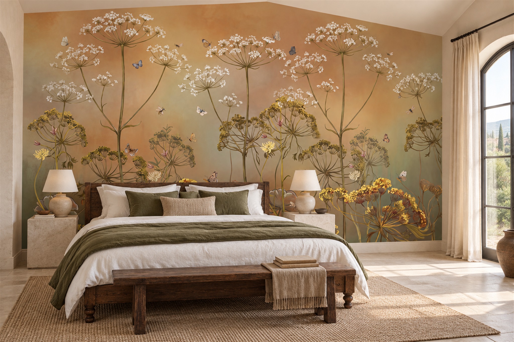 Golden Meadow Flowers And Butterflies Wallpaper Mural — Installed Wallpaper Mural In A Bedroom, Peel-and-stick Finish