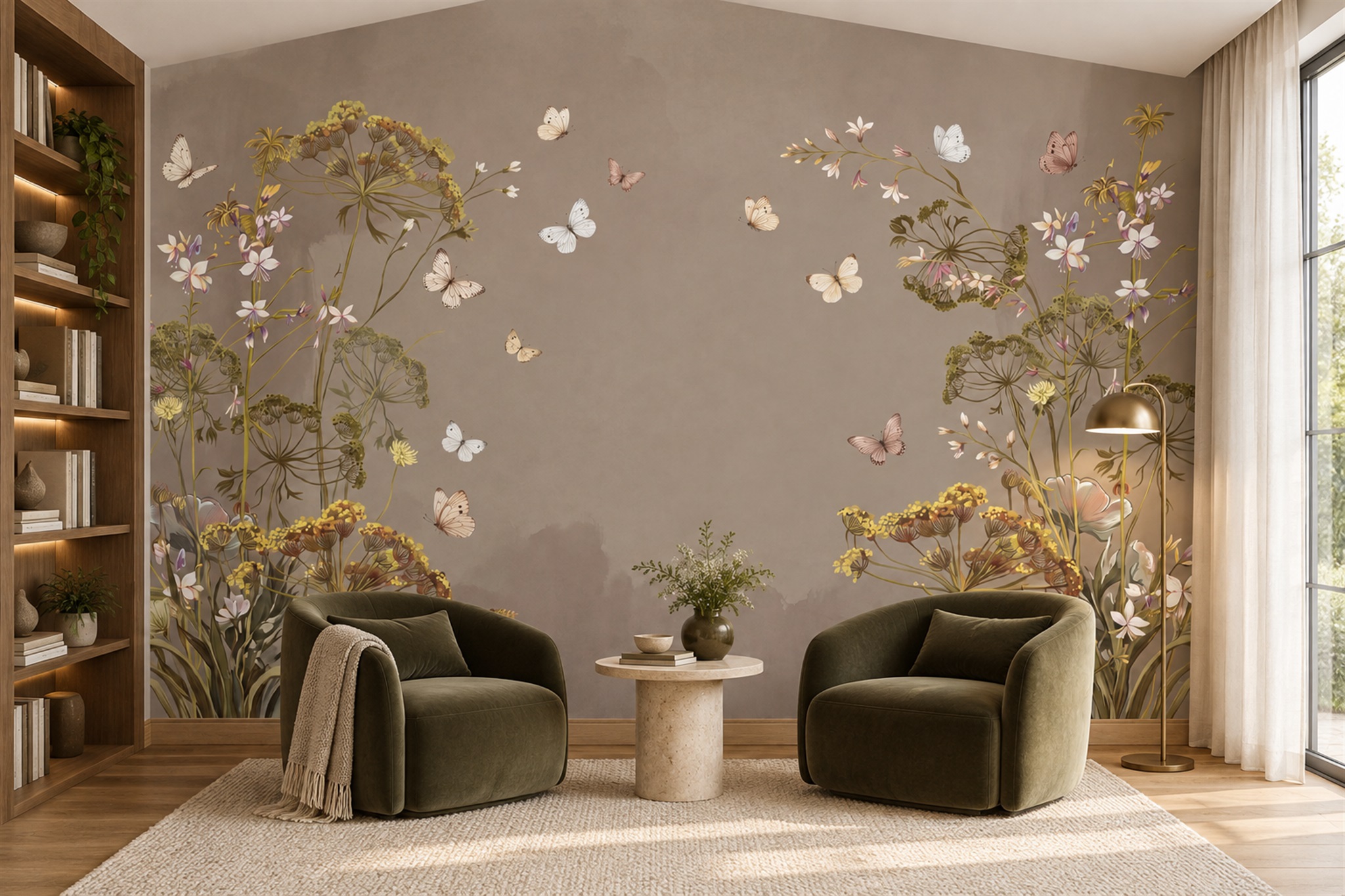 Study seating area with taupe wall mural of tall flowers and butterflies, dark shelves and olive chairs