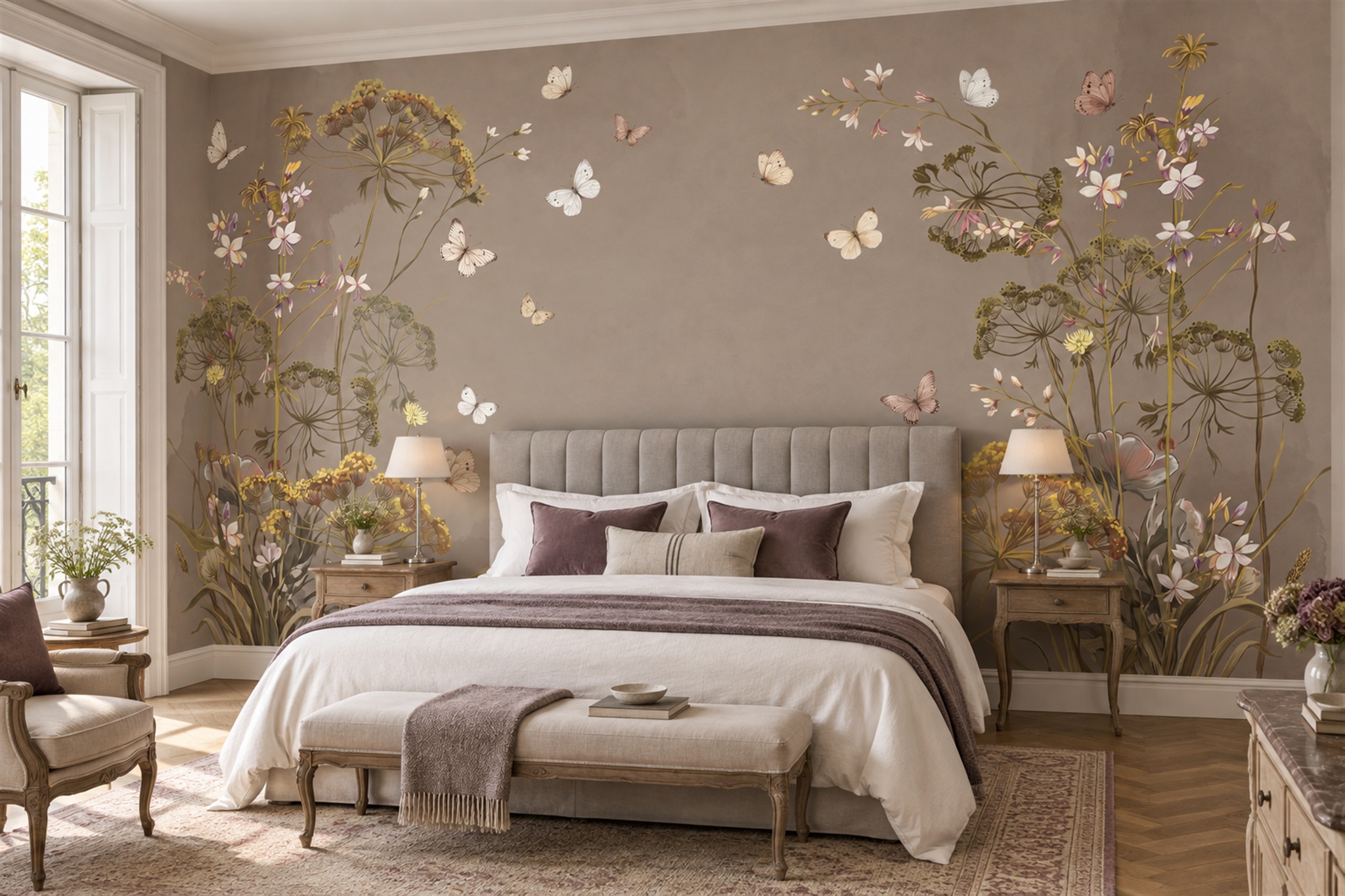 Taupe Floral Botanical Wallpaper Mural Bedroom-wallpaper-murals, Peel-and-stick Finish