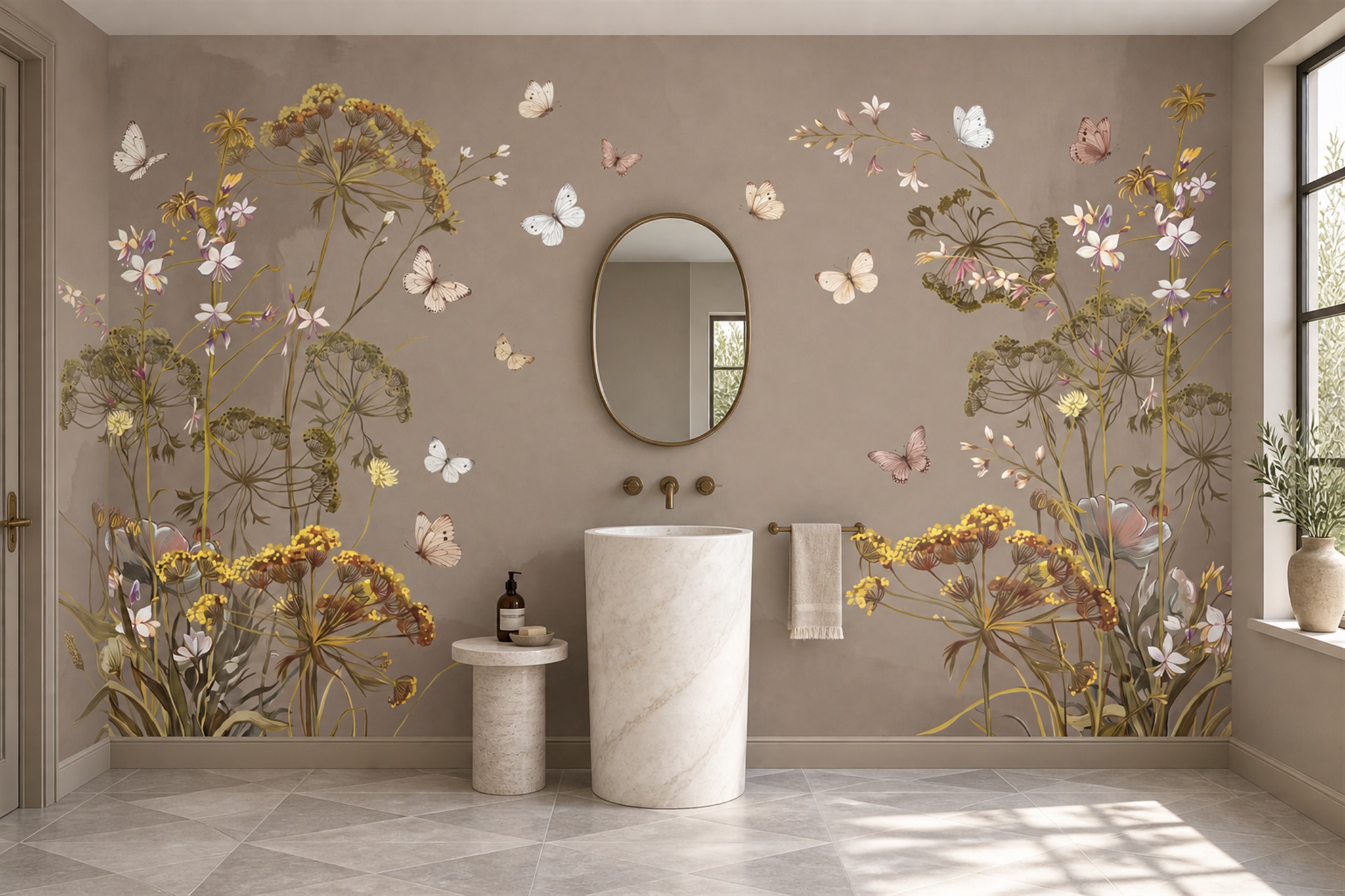 Taupe Floral Botanical Wallpaper Mural Home-office-wallpaper-murals, Peel-and-stick Finish