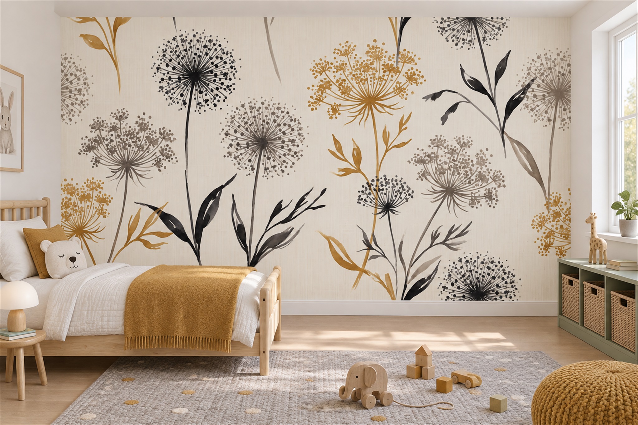 Gold And Charcoal Umbel Botanical Wallpaper Mural — Wallpaper Mural Design, Peel-and-stick Finish