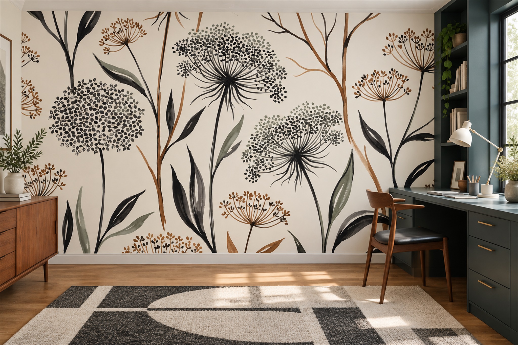 Black Pattern Decorative Wallpaper Mural Office-wallpaper-murals, Shown In A Home Office, Peel-and-stick Finish