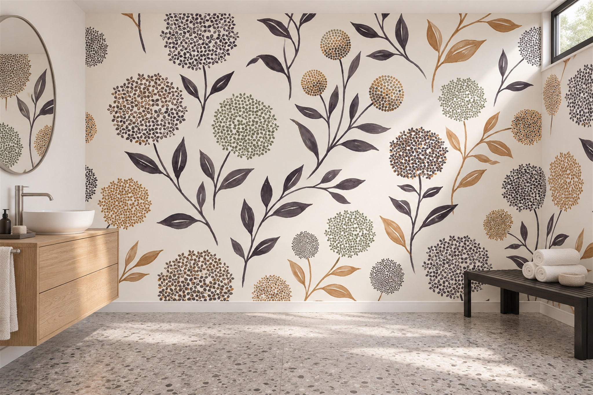 Sage Botanical Stems With Round Flower Heads Wallpaper Mural — Wallpaper Mural Design, Peel-and-stick Finish