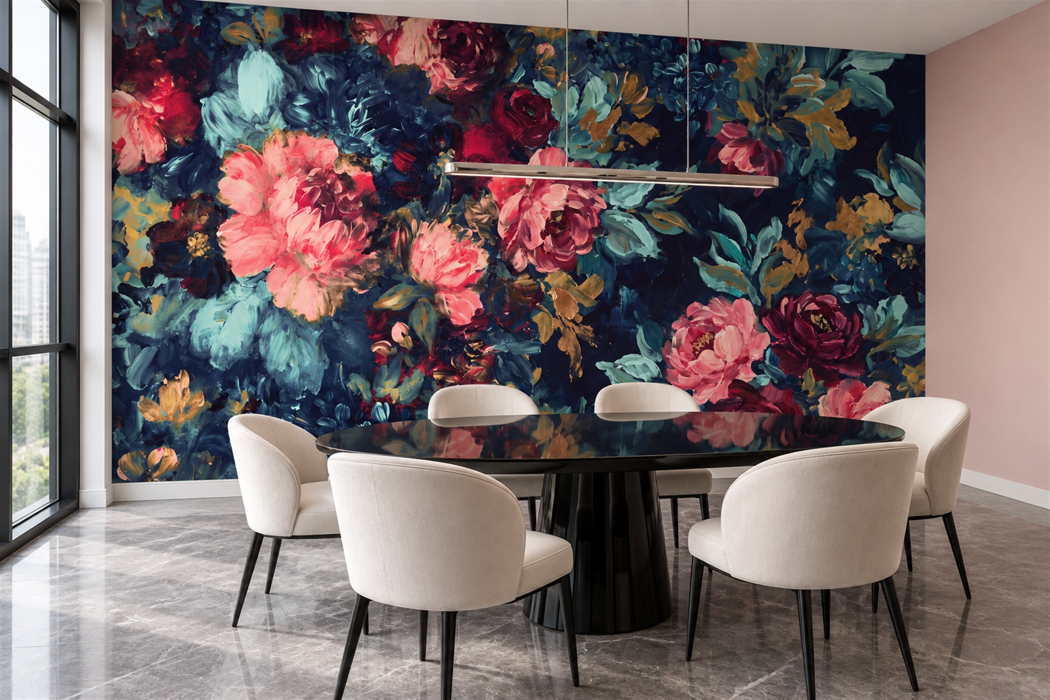 Navy Vintage Artful Decorative Wallpaper Mural Dining-room-wallpaper-murals, Shown In A Dining Room, Peel-and-stick Finish