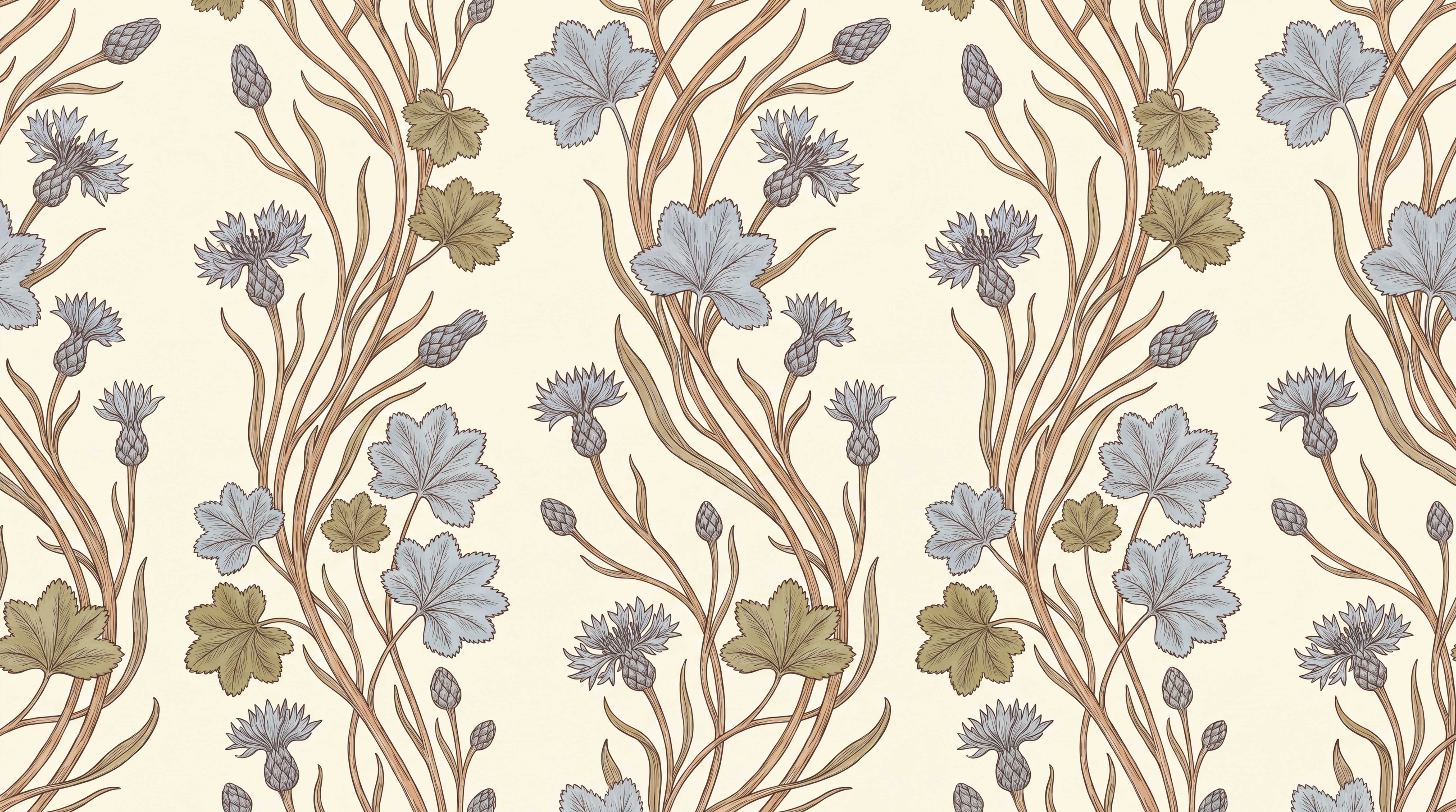 Flat cream floral design with brown stems and pale blue flowers; continuous lines would need careful panel alignment