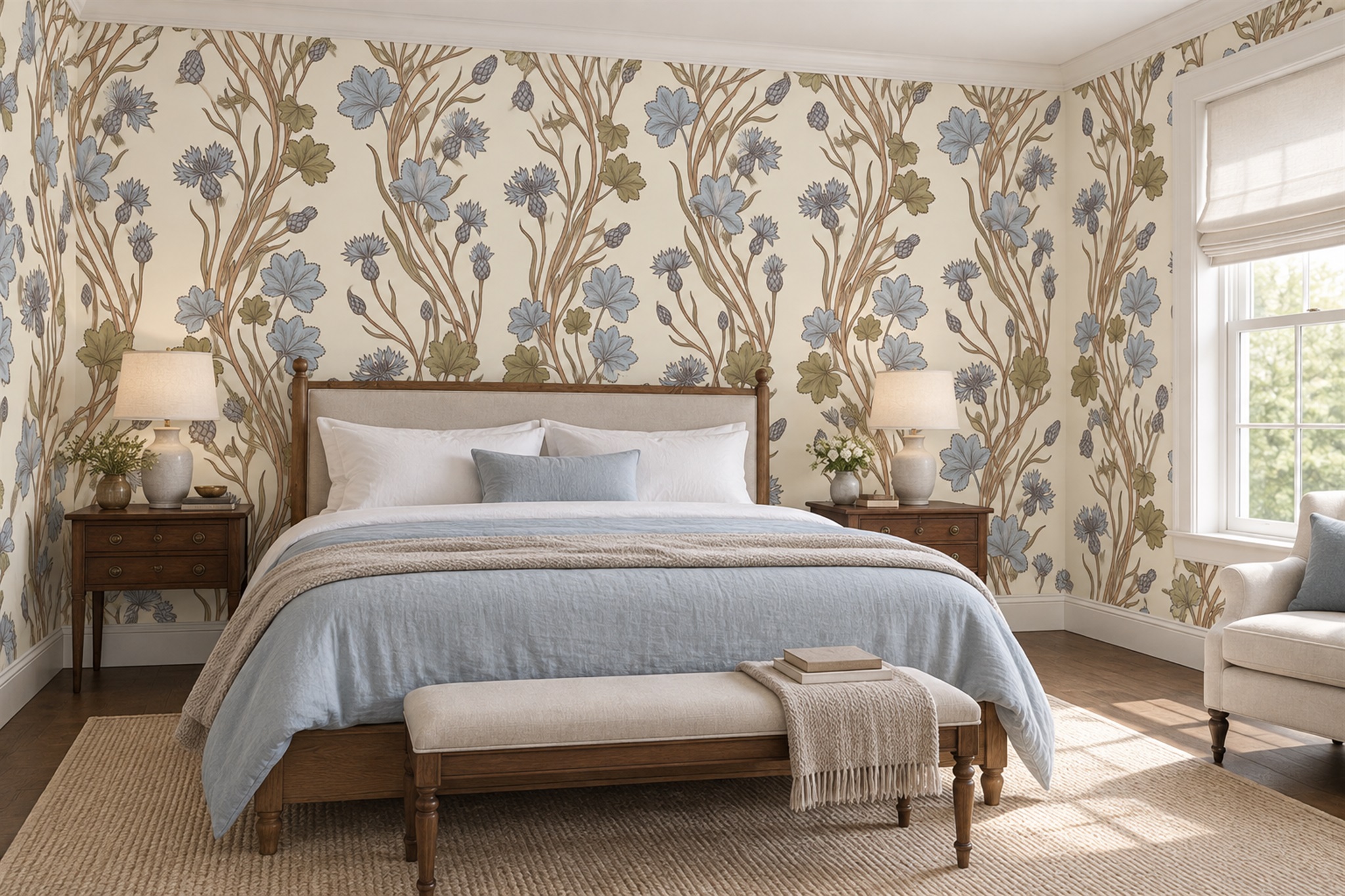 Blue Vine Botanical Wallpaper Mural Bedroom-wallpaper-murals, Peel-and-stick Finish