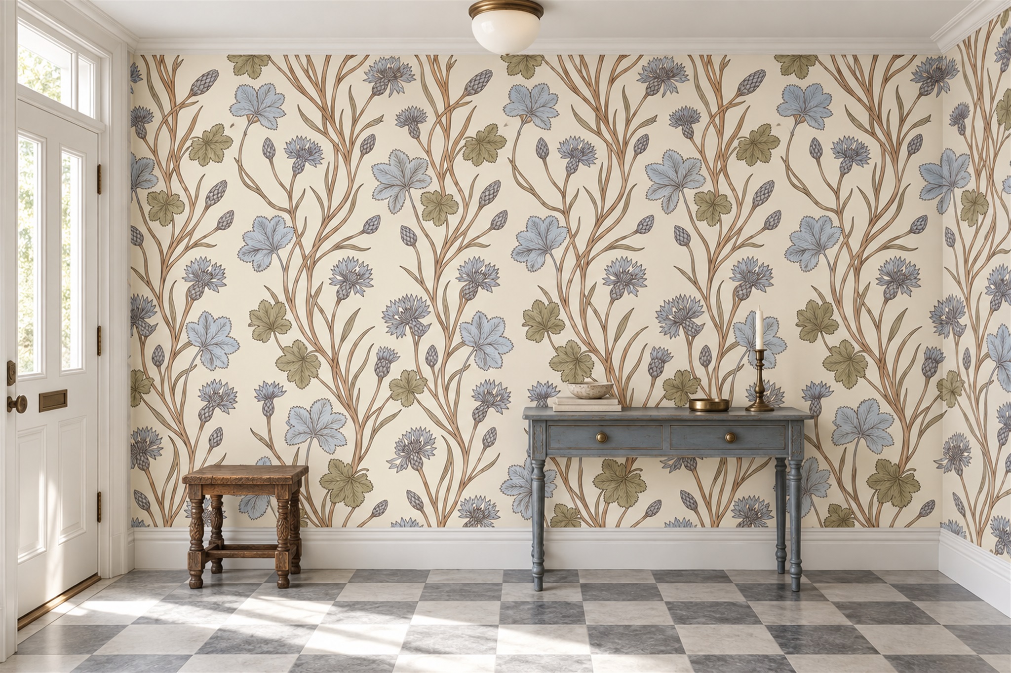 Blue Vine Botanical Wallpaper Mural Office-wallpaper-murals, Shown In A Home Office, Peel-and-stick Finish