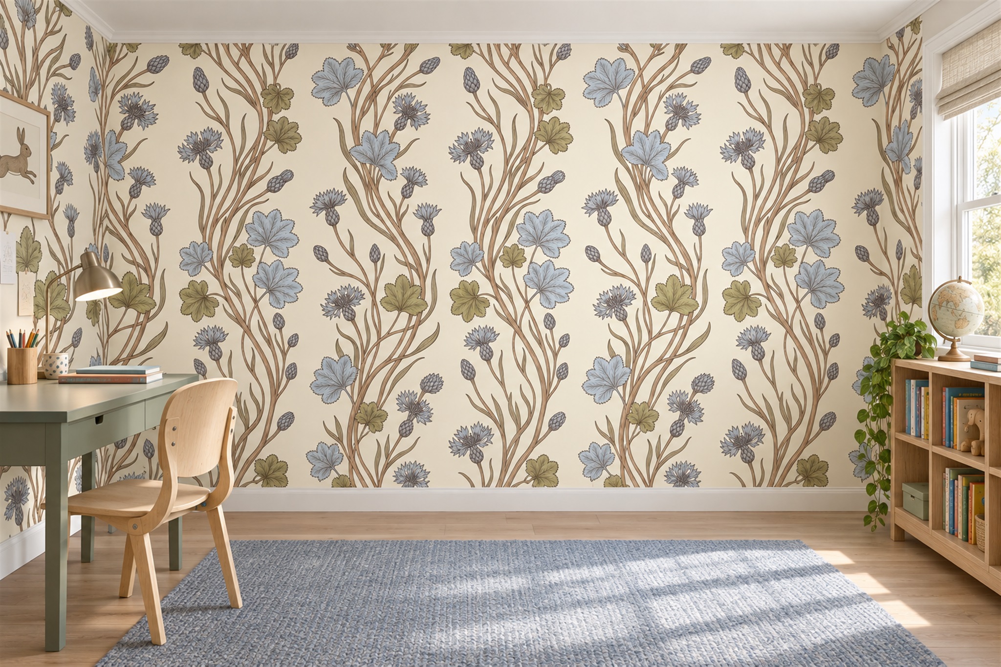 Blue Vine Botanical Wallpaper Mural Office-wallpaper-murals, Shown In A Home Office, Peel-and-stick Finish
