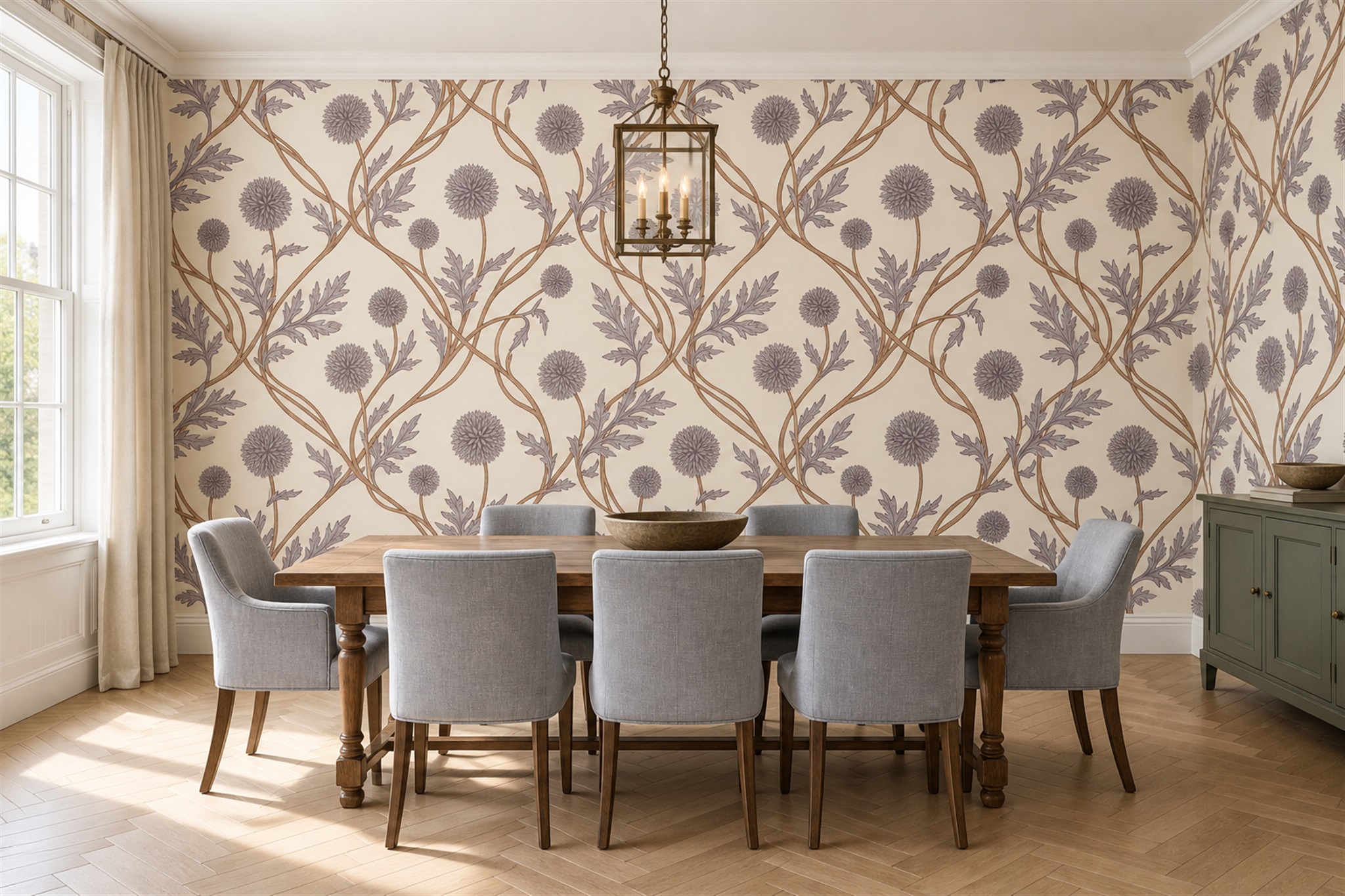 Lilac Floral Botanical Wallpaper Mural Dining-room-wallpaper-murals, Shown In A Dining Room, Peel-and-stick Finish