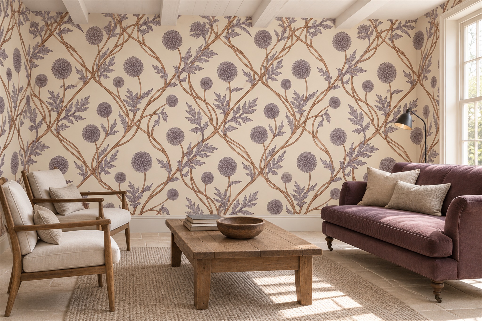 Lilac Floral Botanical Wallpaper Mural Accent-wall-wallpaper-murals, Peel-and-stick Finish