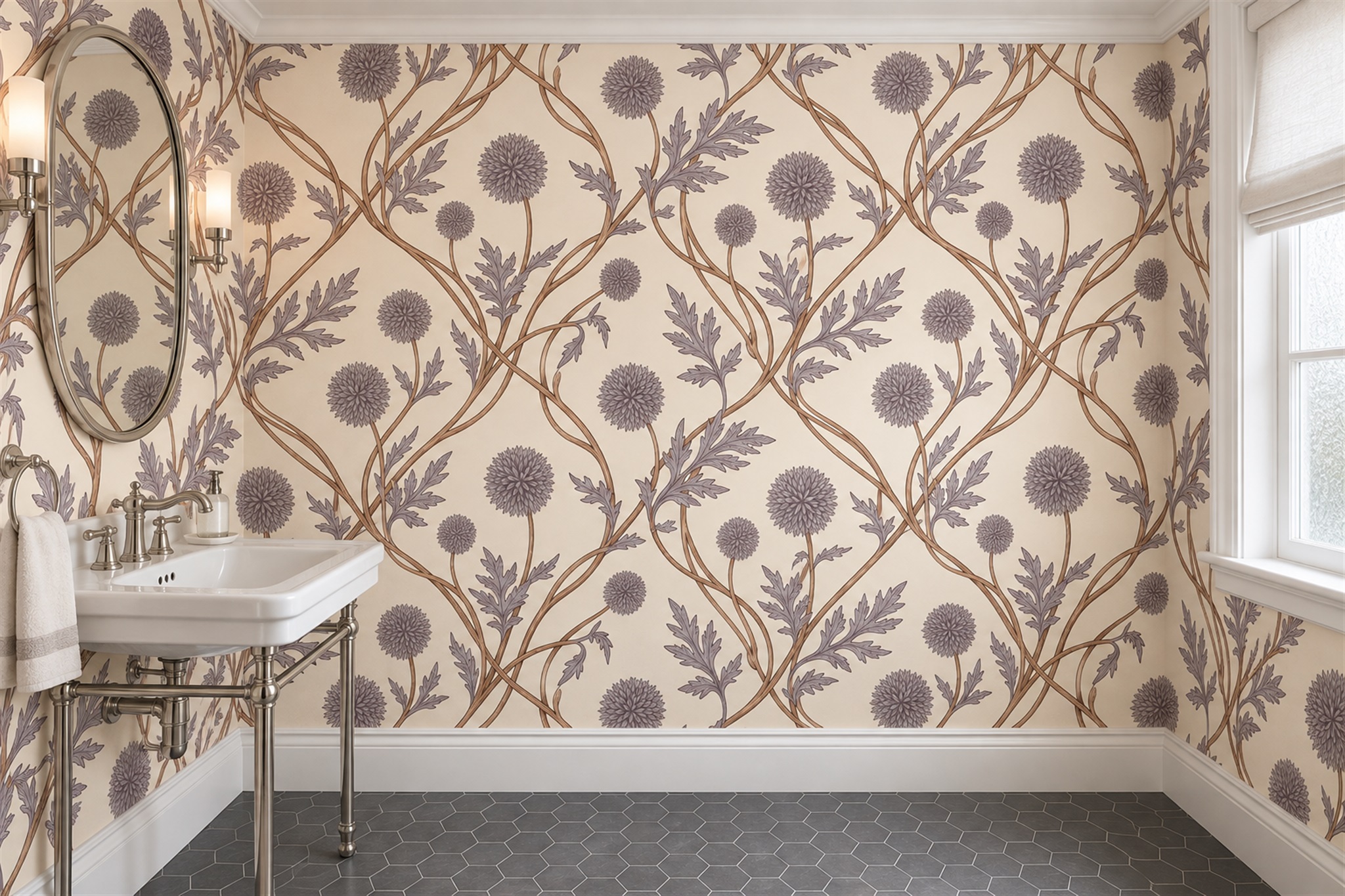 Lilac Floral Botanical Wallpaper Mural Accent-wall-wallpaper-murals, Peel-and-stick Finish