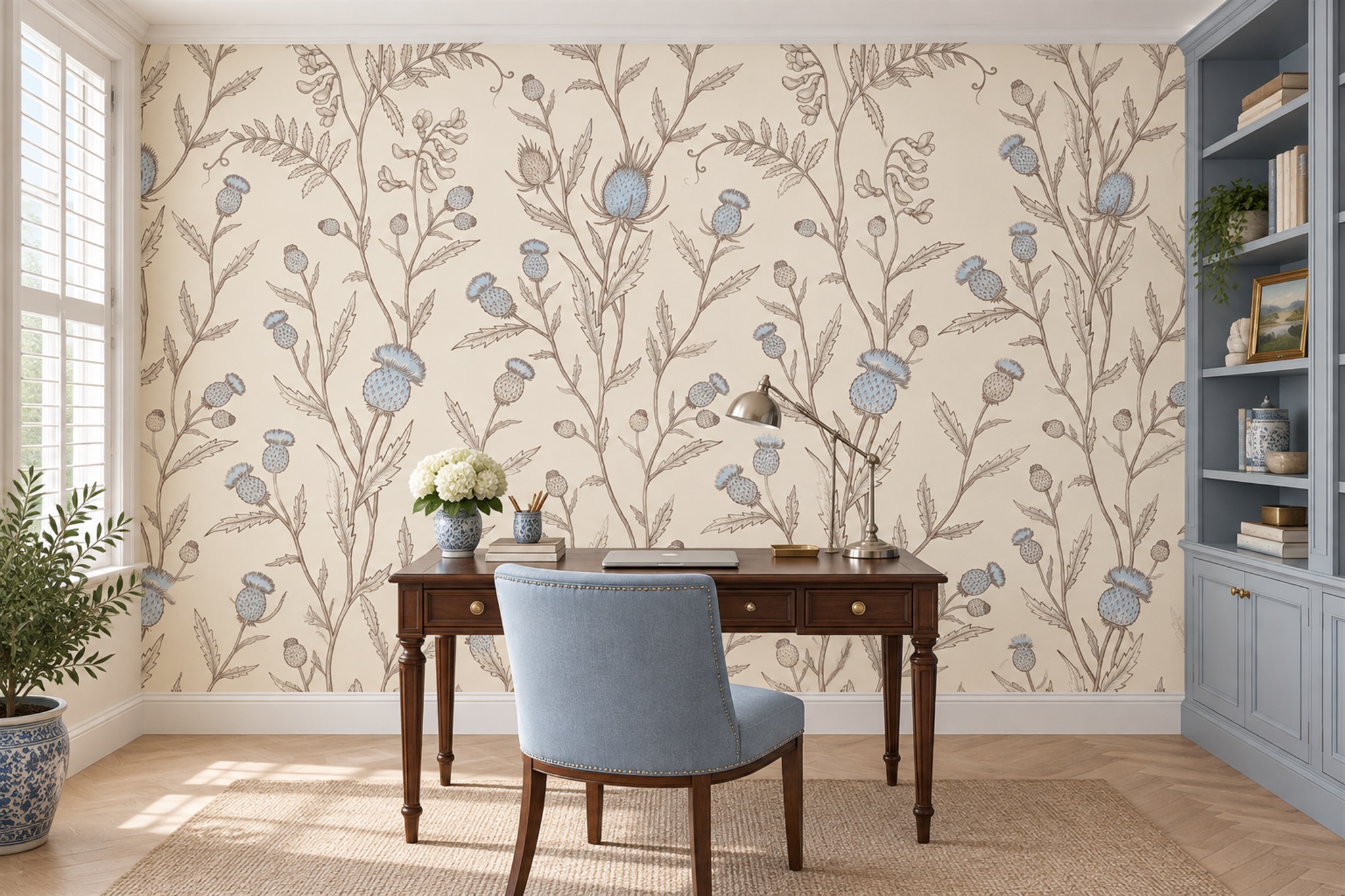 Blue Pattern Decorative Painterly Wallpaper Mural Office-wallpaper-murals, Shown In A Home Office, Peel-and-stick Finish
