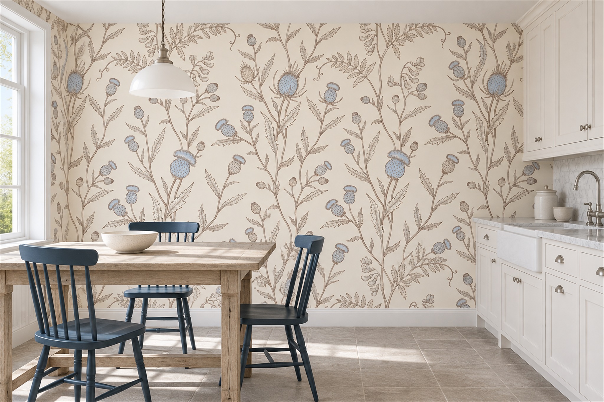 Blue Pattern Decorative Painterly Wallpaper Mural Office-wallpaper-murals, Shown In A Home Office, Peel-and-stick Finish
