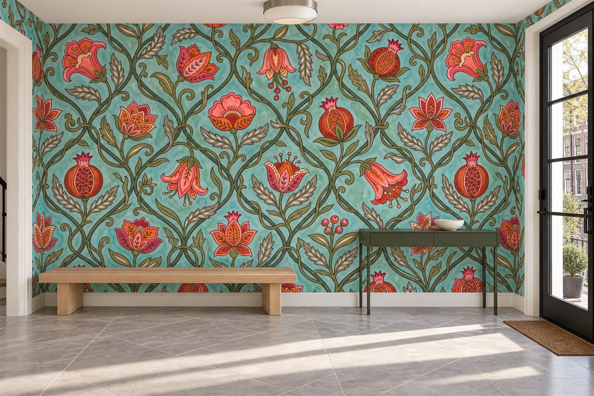 Teal Vintage Artful Wallpaper Mural Entryway-wallpaper-murals, Peel-and-stick Finish