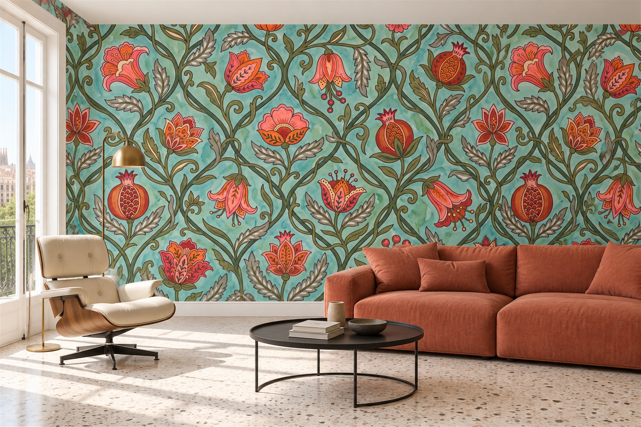 Teal Vintage Artful Wallpaper Mural Accent-wall-wallpaper-murals, Peel-and-stick Finish