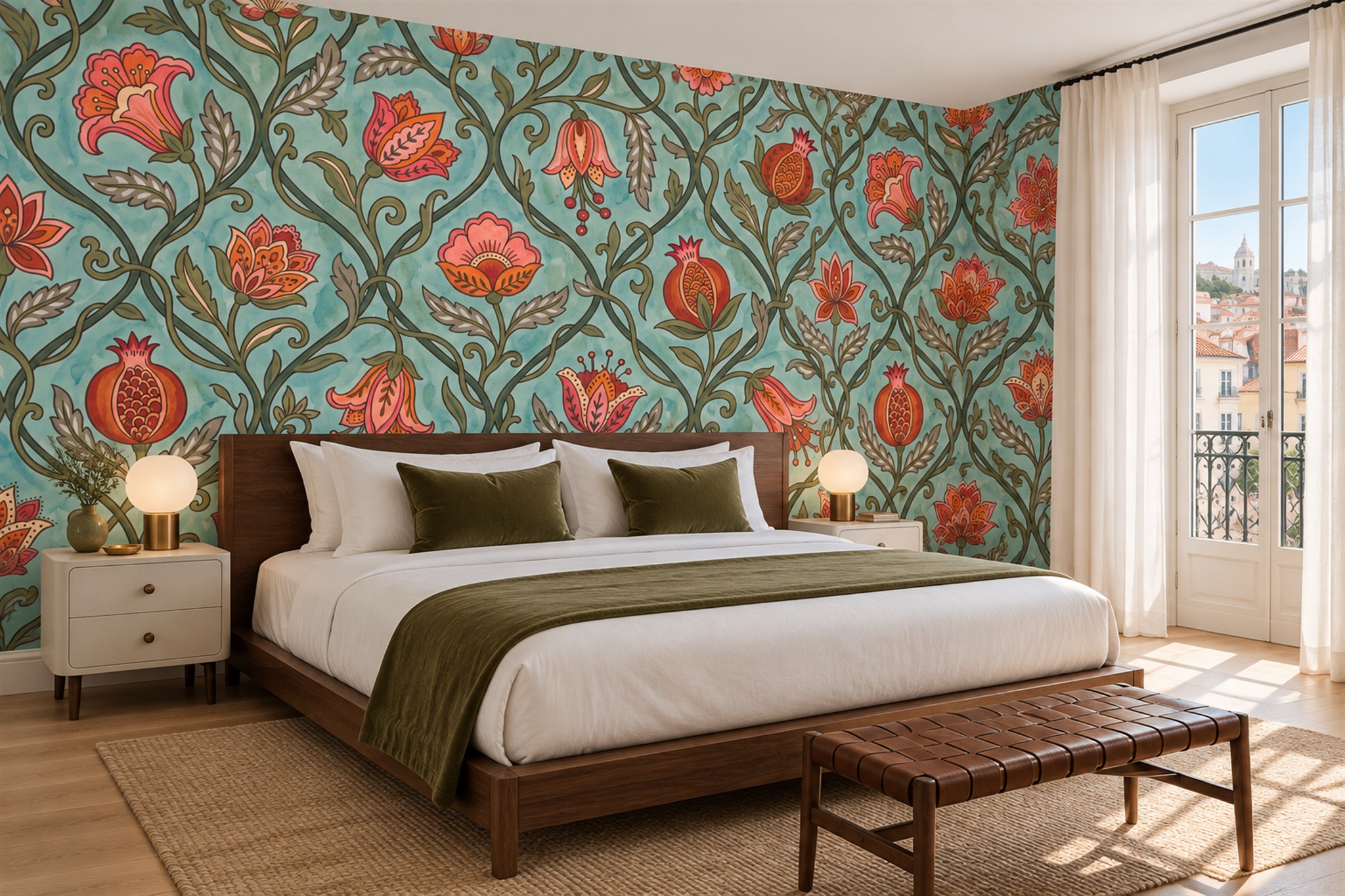 Teal Vintage Artful Wallpaper Mural Bedroom-wallpaper-murals, Peel-and-stick Finish