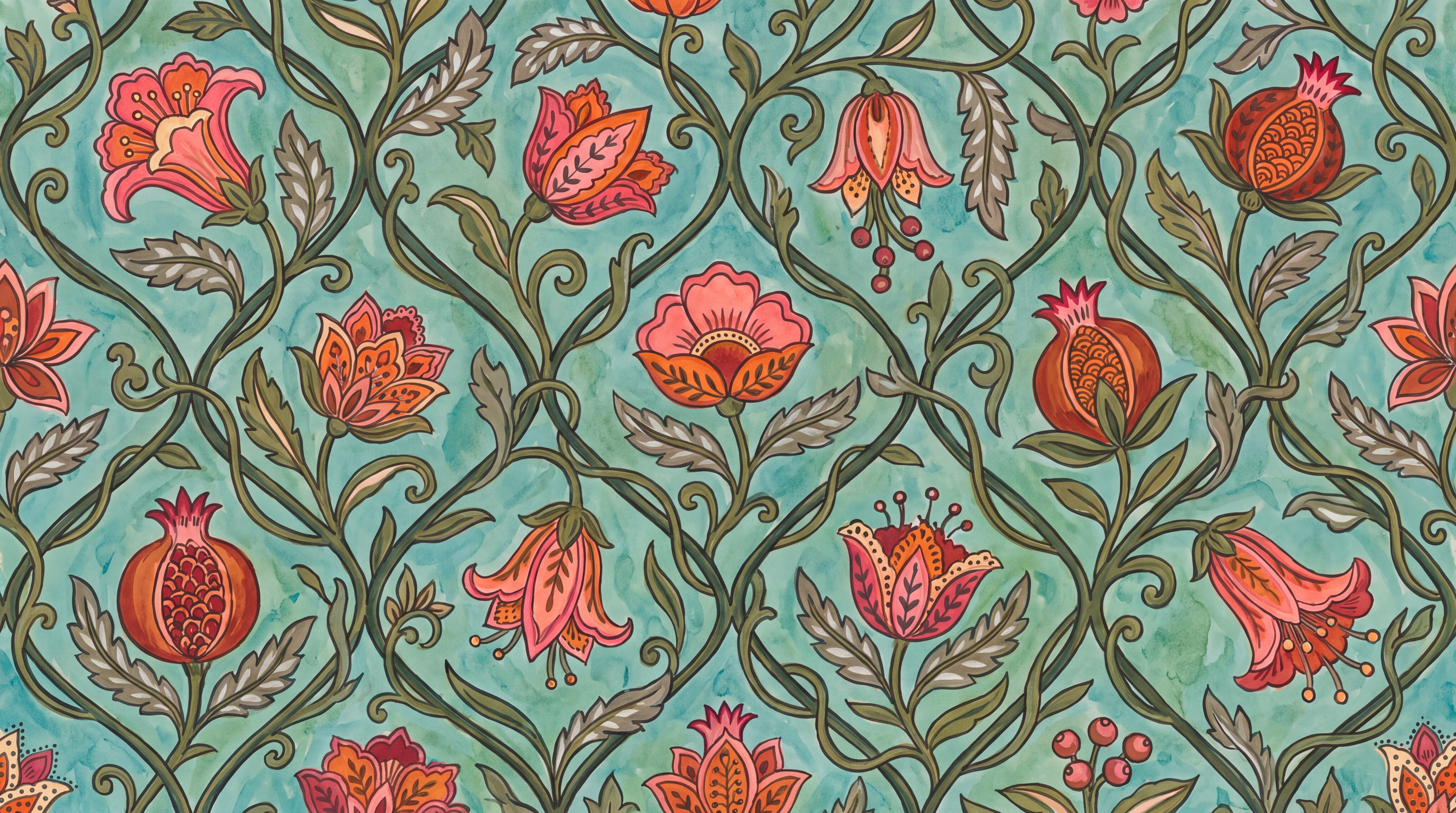 Teal Vintage Artful Wallpaper Mural Accent-wall-wallpaper-murals, Peel-and-stick Finish