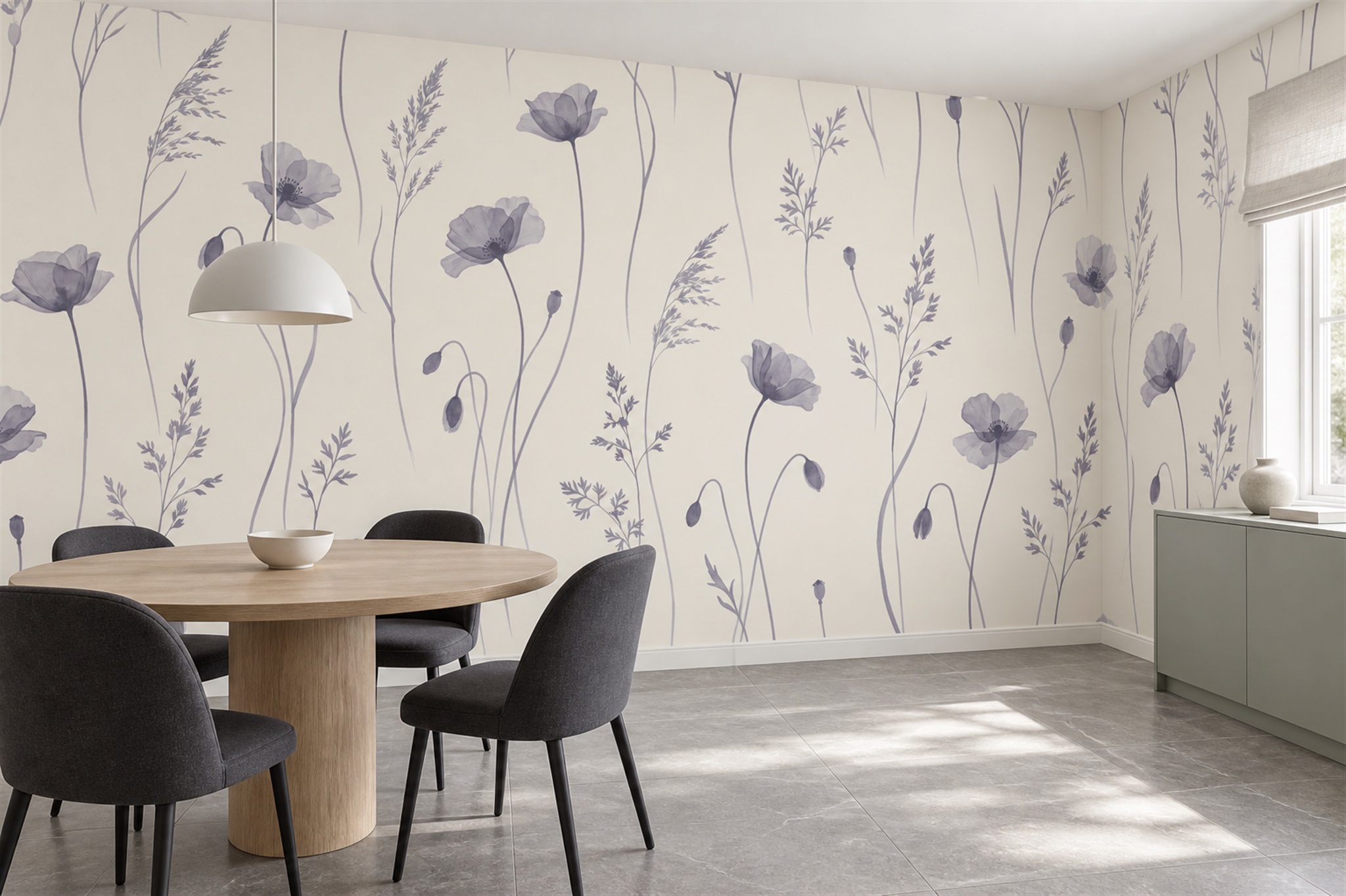 Lilac Pattern Decorative Wallpaper Mural Dining-room-wallpaper-murals, Shown In A Dining Room, Peel-and-stick Finish