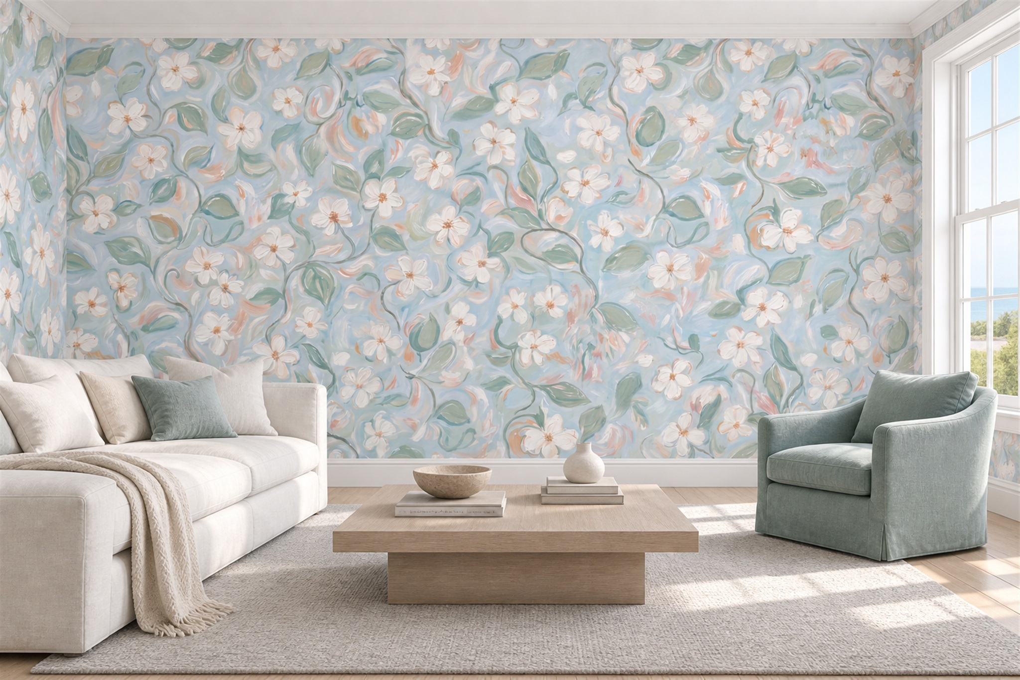 Blue Blossom Botanical Wallpaper Mural Accent-wall-wallpaper-murals, Peel-and-stick Finish