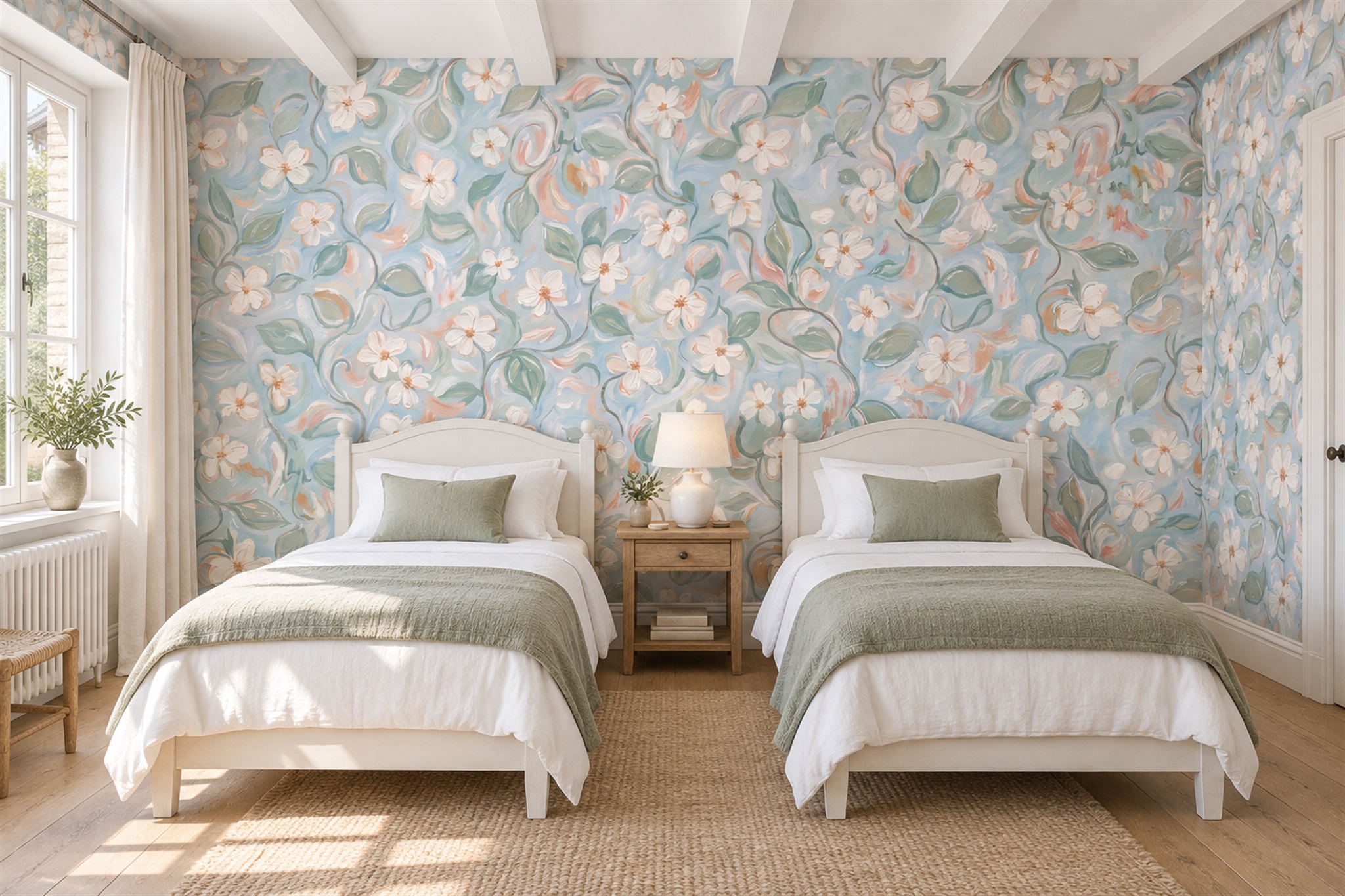 Blue Blossom Botanical Wallpaper Mural Bedroom-wallpaper-murals, Peel-and-stick Finish