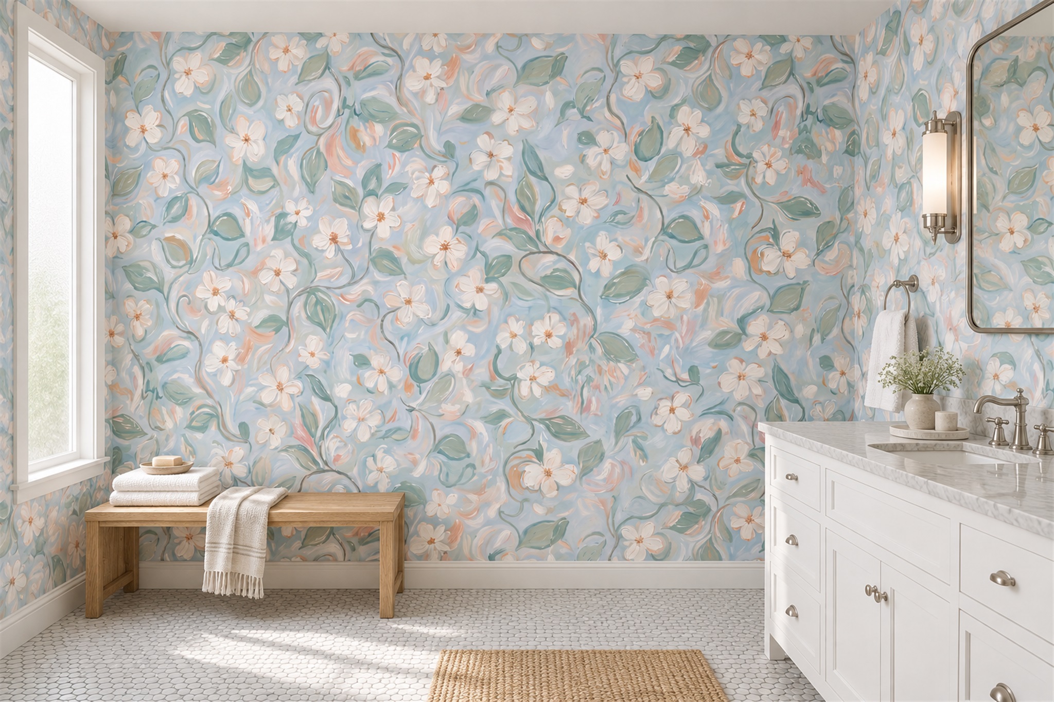 Blue Blossom Botanical Wallpaper Mural Bathroom-wallpaper-murals, Peel-and-stick Finish