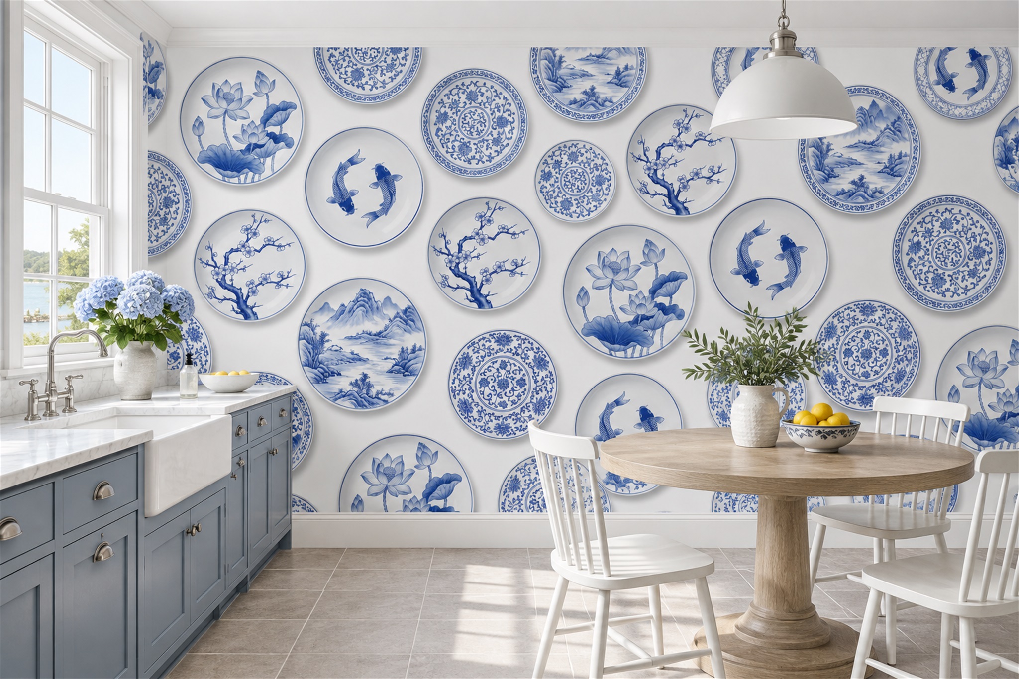 Blue Pattern Decorative Textured Wallpaper Mural Dining-room-wallpaper-murals, Shown In A Dining Room, Peel-and-stick Finish