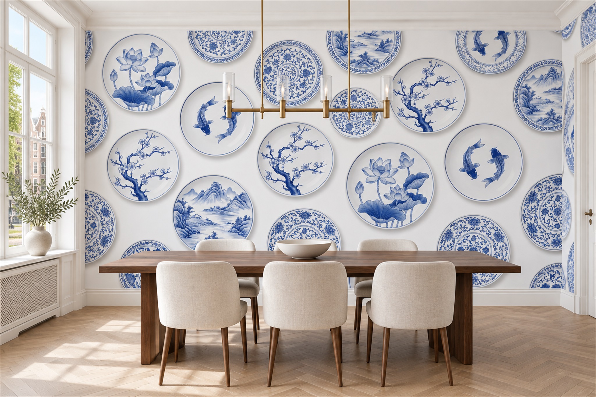 Blue Pattern Decorative Textured Wallpaper Mural Dining-room-wallpaper-murals, Shown In A Dining Room, Peel-and-stick Finish