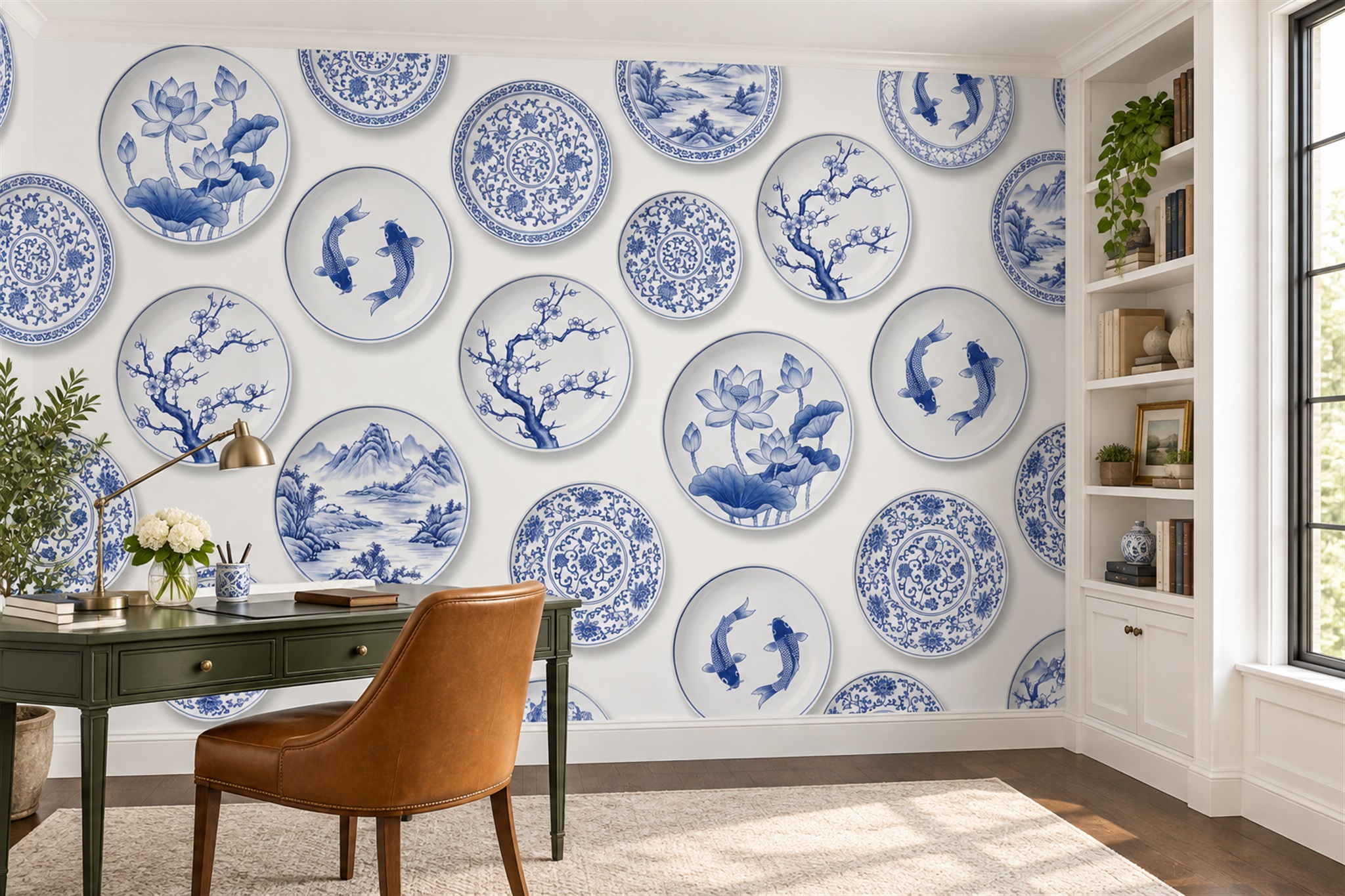 Blue Pattern Decorative Textured Wallpaper Mural Office-wallpaper-murals, Shown In A Home Office, Peel-and-stick Finish