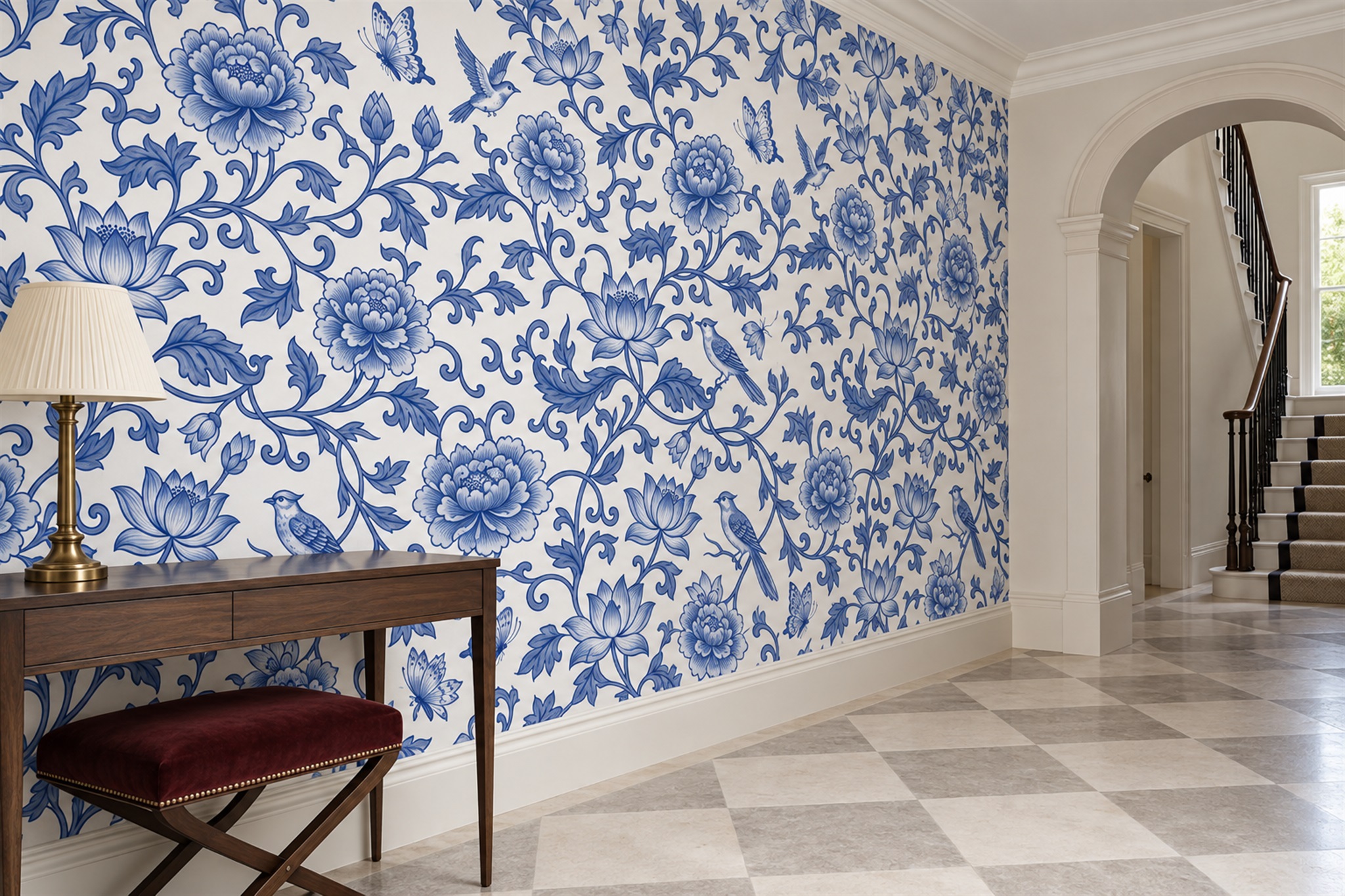 Blue Pattern Decorative Organic Wallpaper Mural Entryway-wallpaper-murals, Peel-and-stick Finish