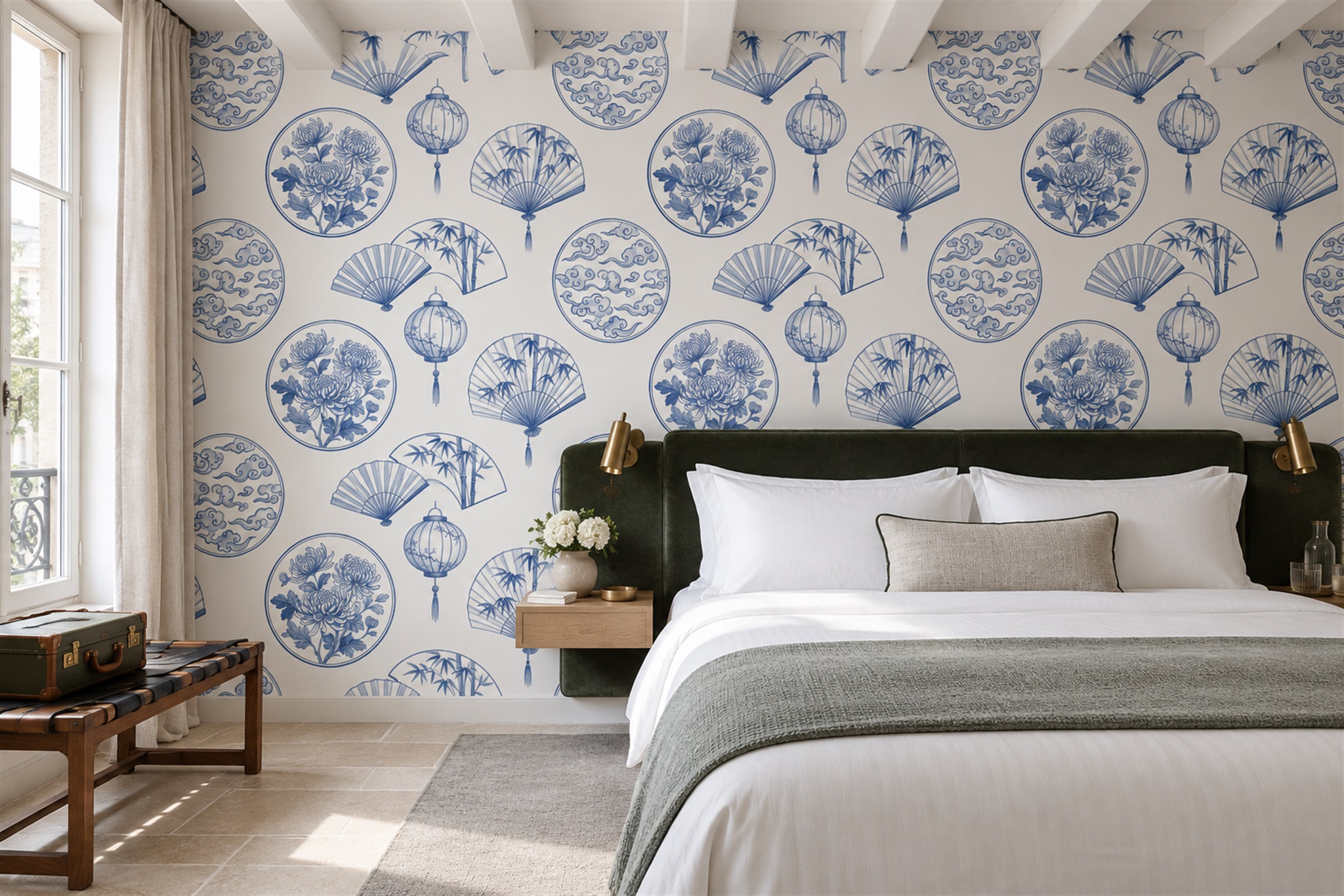 Blue Pattern Decorative Atmospheric Wallpaper Mural Bedroom-wallpaper-murals, Peel-and-stick Finish