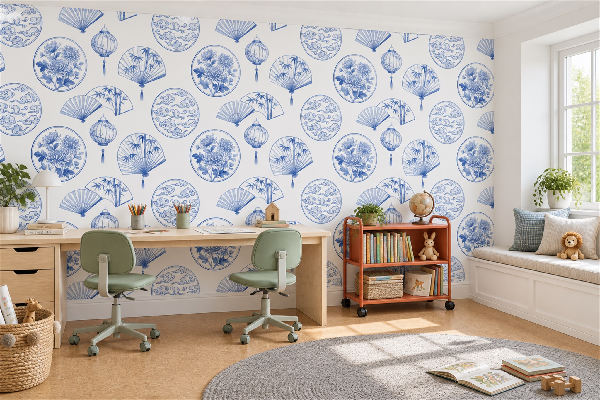 Blue Pattern Decorative Atmospheric Wallpaper Mural Office-wallpaper-murals, Shown In A Home Office, Peel-and-stick Finish