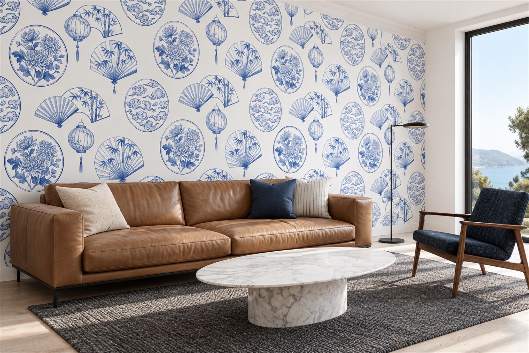 Blue And White Porcelain Medallions And Folding Fans Wallpaper Mural — Wallpaper Mural Design, Peel-and-stick Finish