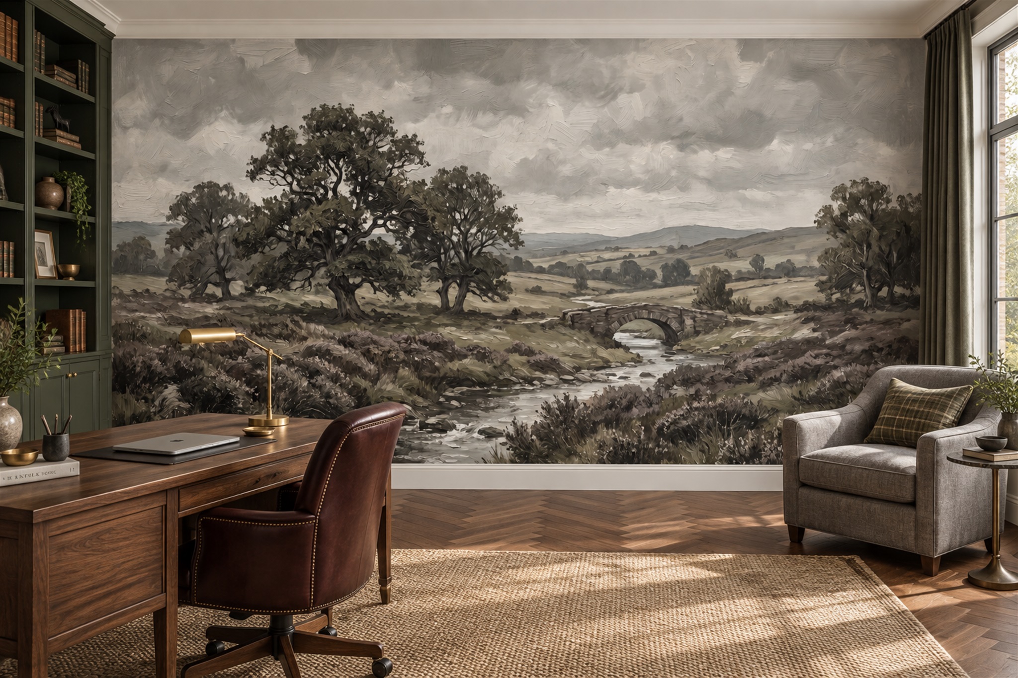 Grey Stream And Stone Bridge Landscape Wallpaper Mural — Installed Wallpaper Mural In A Home Office, Peel-and-stick Finish