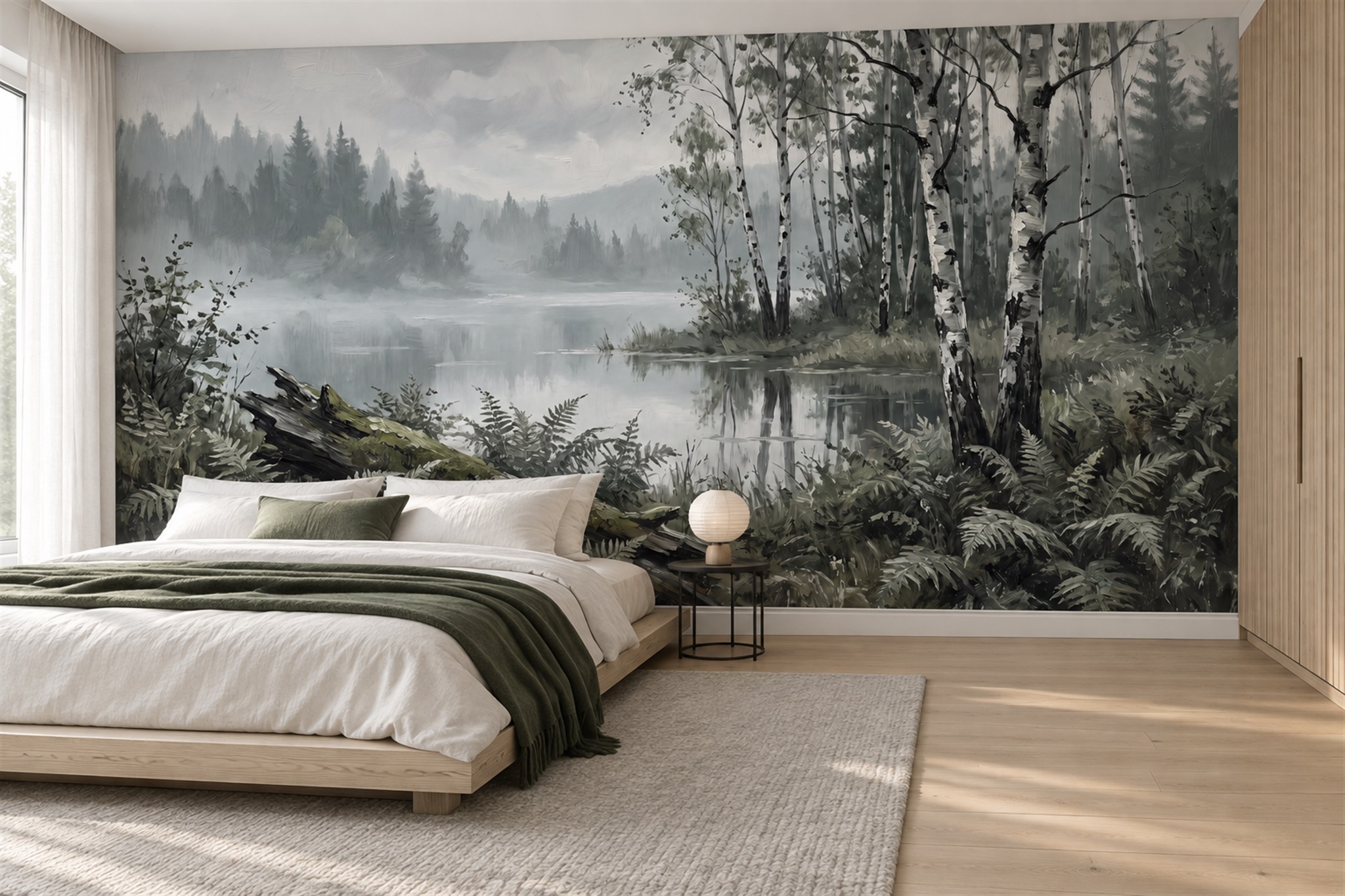Grey Birch Scenic Wallpaper Mural Bedroom-wallpaper-murals, Peel-and-stick Finish