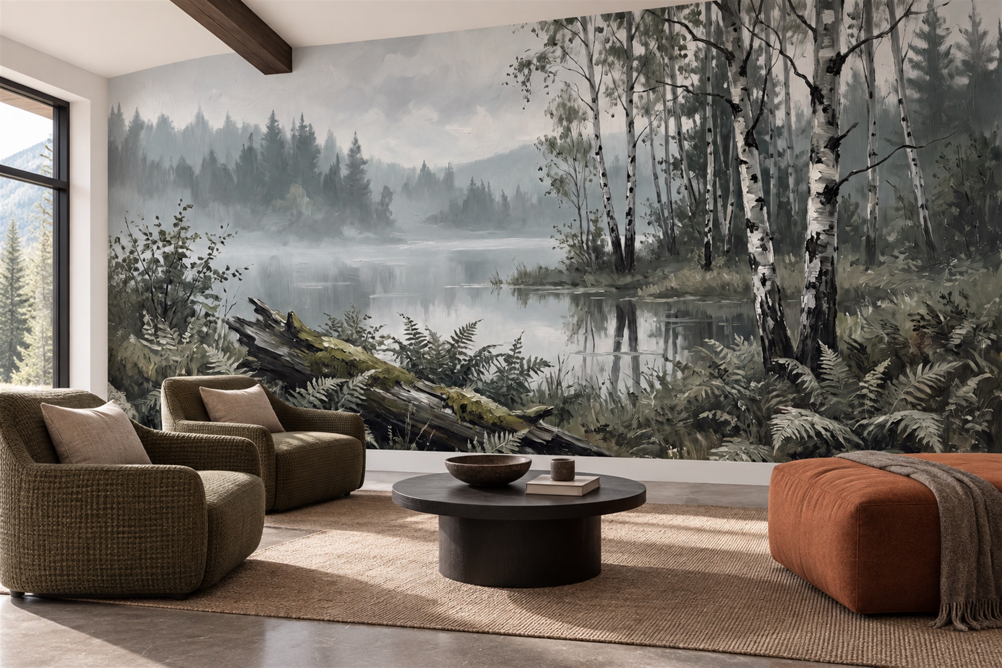 Misty Birch Lake And Forest Wallpaper Mural — Wallpaper Mural Design, Peel-and-stick Finish