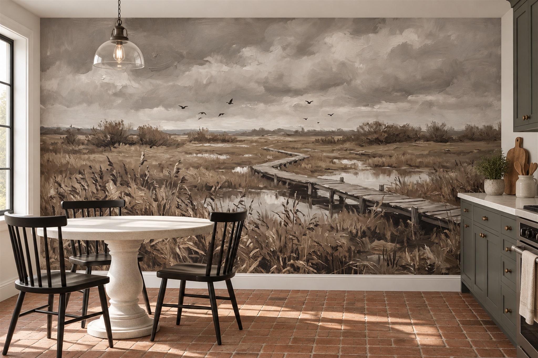 Taupe Marsh Boardwalk And Birds Wallpaper Mural — Wallpaper Mural Design, Peel-and-stick Finish