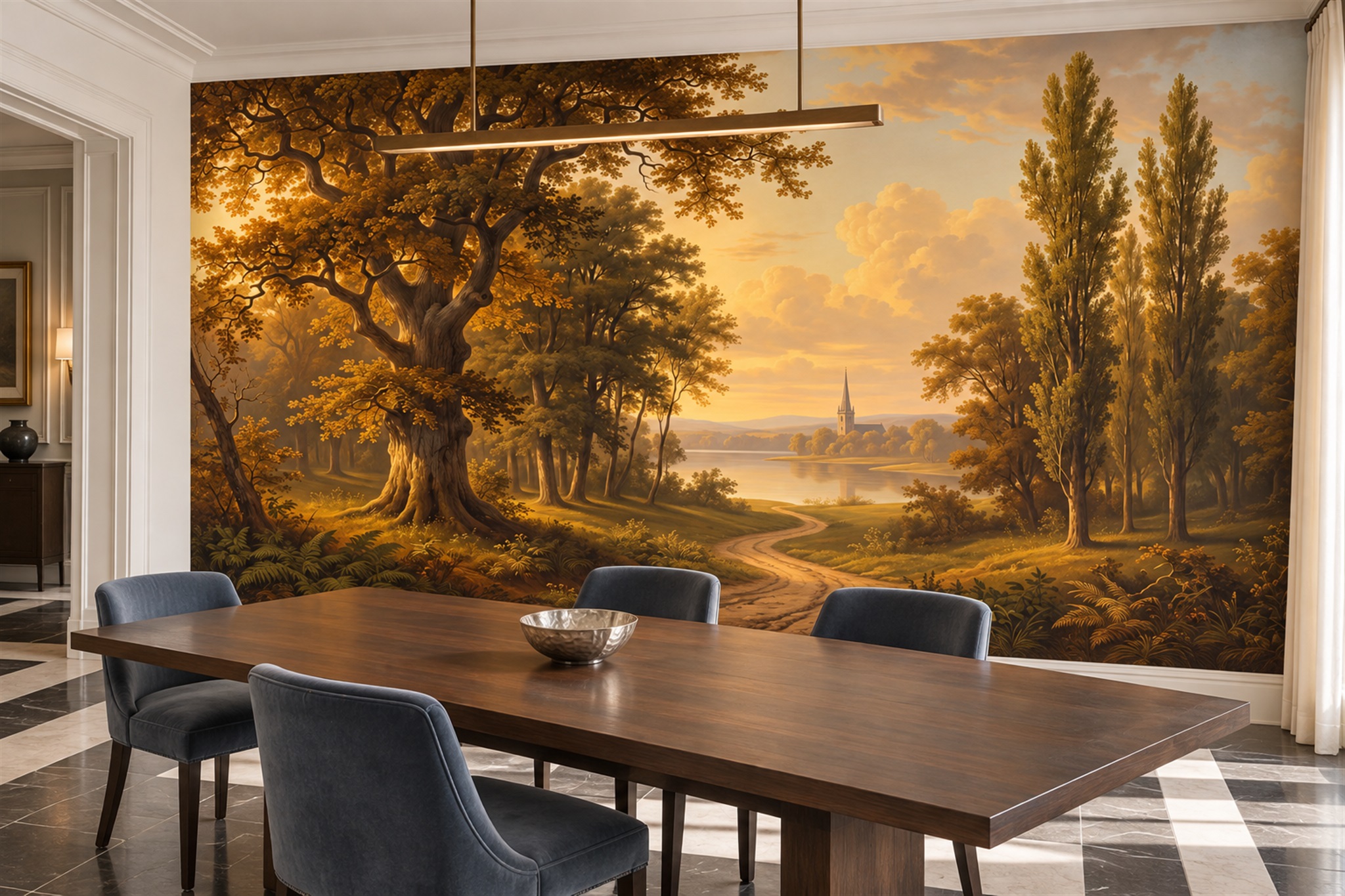 Gold Forest Scenic Decorative Wallpaper Mural Dining-room-wallpaper-murals, Shown In A Dining Room, Peel-and-stick Finish
