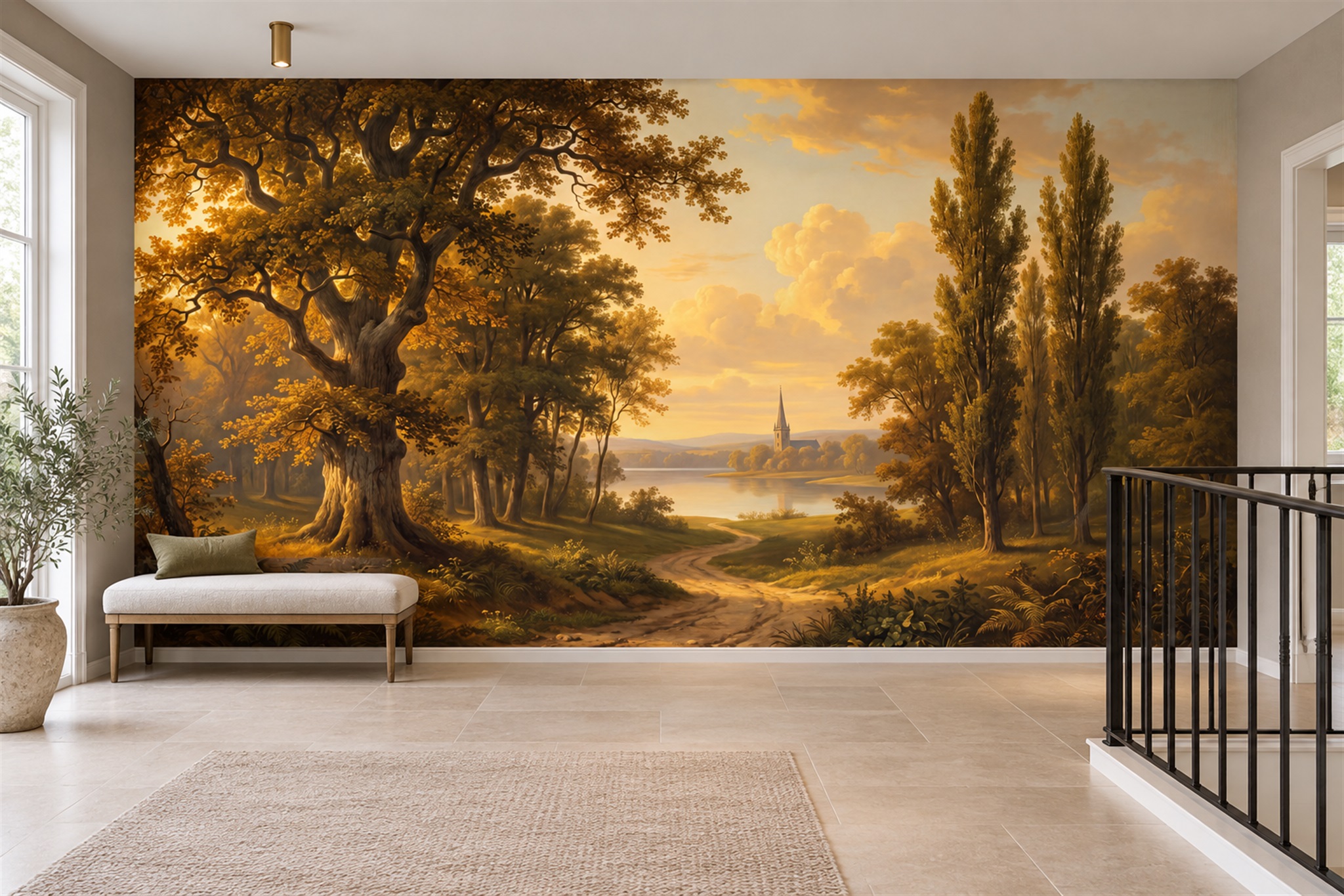 Golden Woodland Path To A Lakeside Church Wallpaper Mural — Wallpaper Mural Design, Peel-and-stick Finish