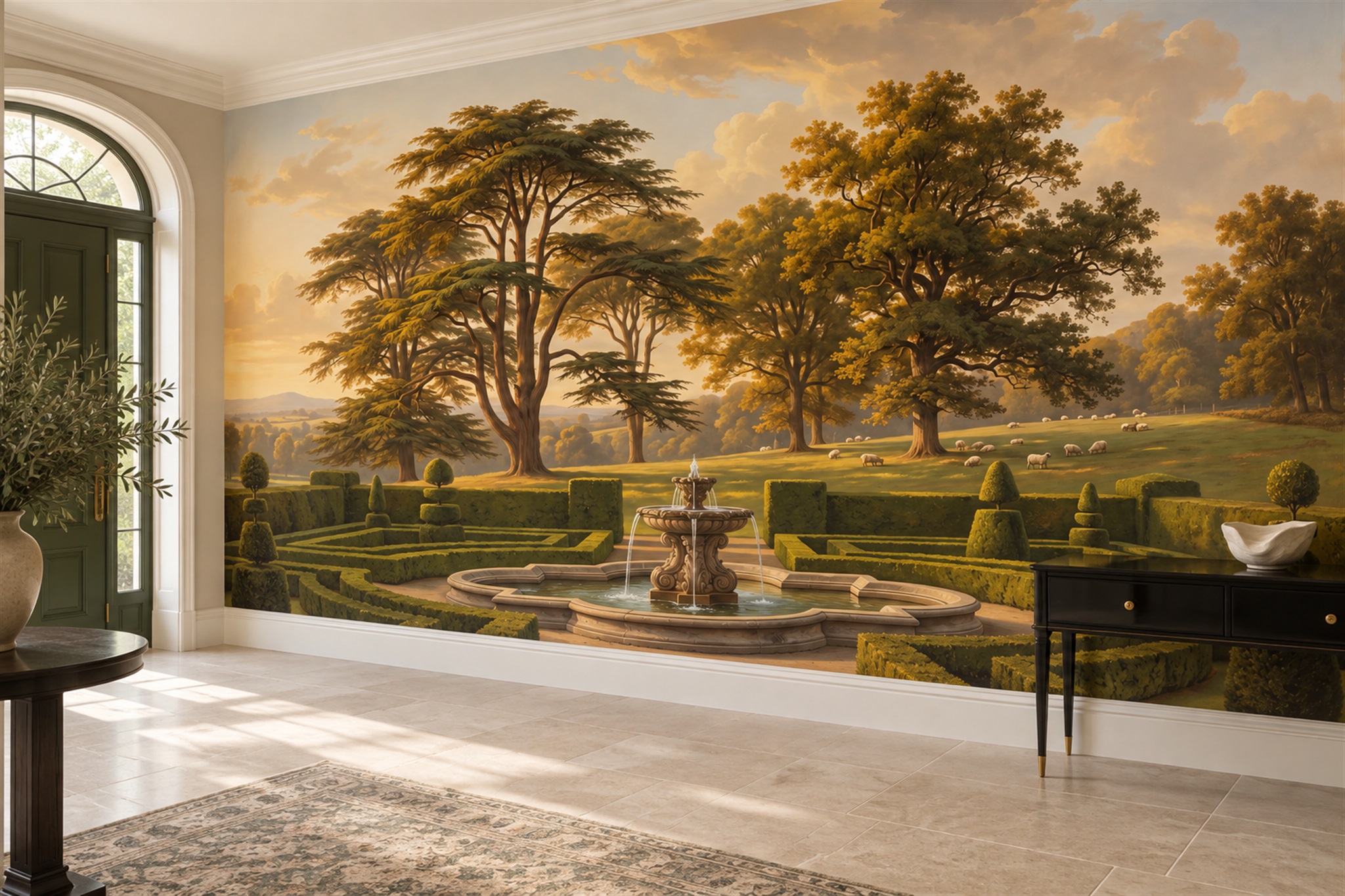 Gold Garden Scenic Wallpaper Mural Entryway-wallpaper-murals, Peel-and-stick Finish