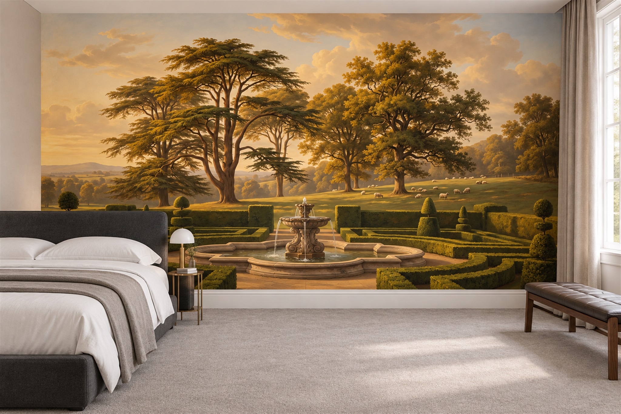 Golden Formal Garden With Fountain And Sheep Wallpaper Mural — Installed Wallpaper Mural In A Bedroom, Peel-and-stick Finish