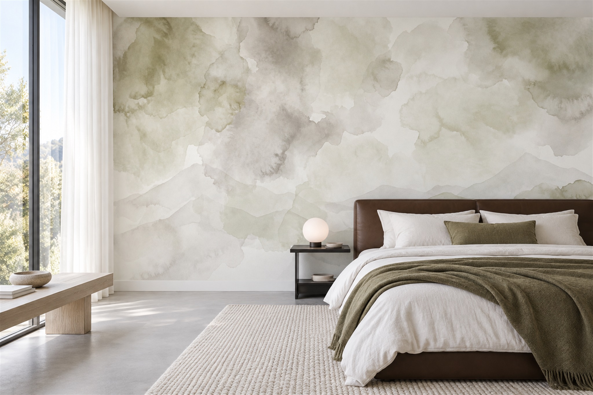 Which Mural Wallpaper Suits a Japandi Interior? — installed wallpaper mural in a bedroom, peel-and-stick finish