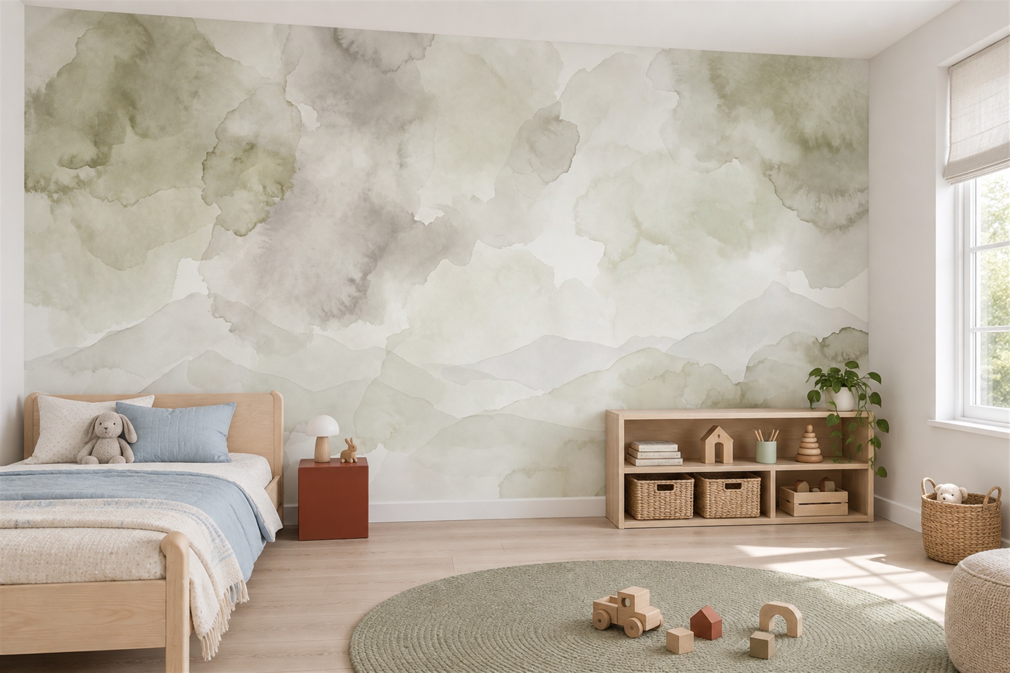 Sage Washed Artful Wallpaper Mural Accent-wall-wallpaper-murals, Peel-and-stick Finish