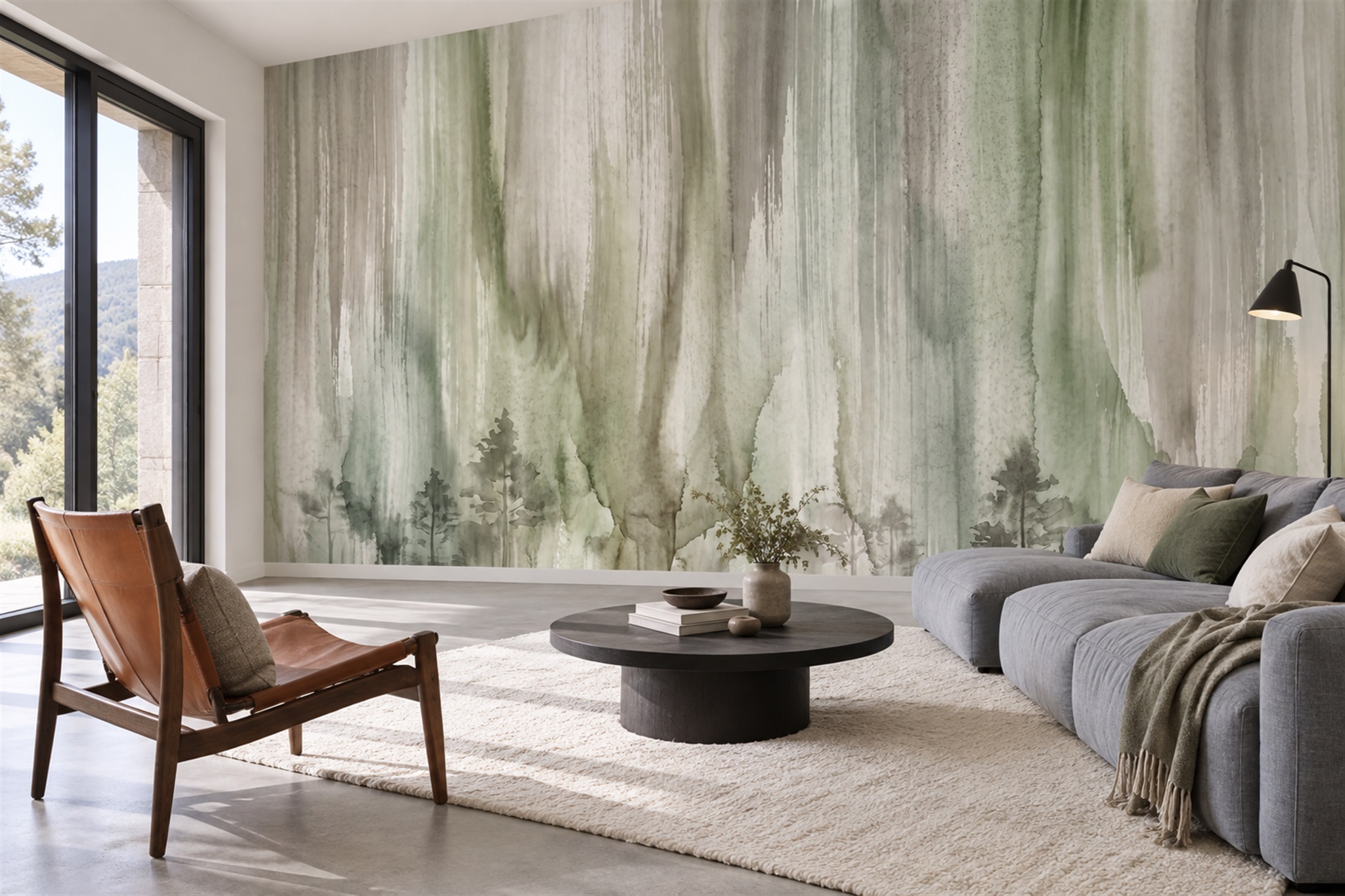 Vertical Sage Watercolour Streaks Wallpaper Mural — Wallpaper Mural Design, Peel-and-stick Finish
