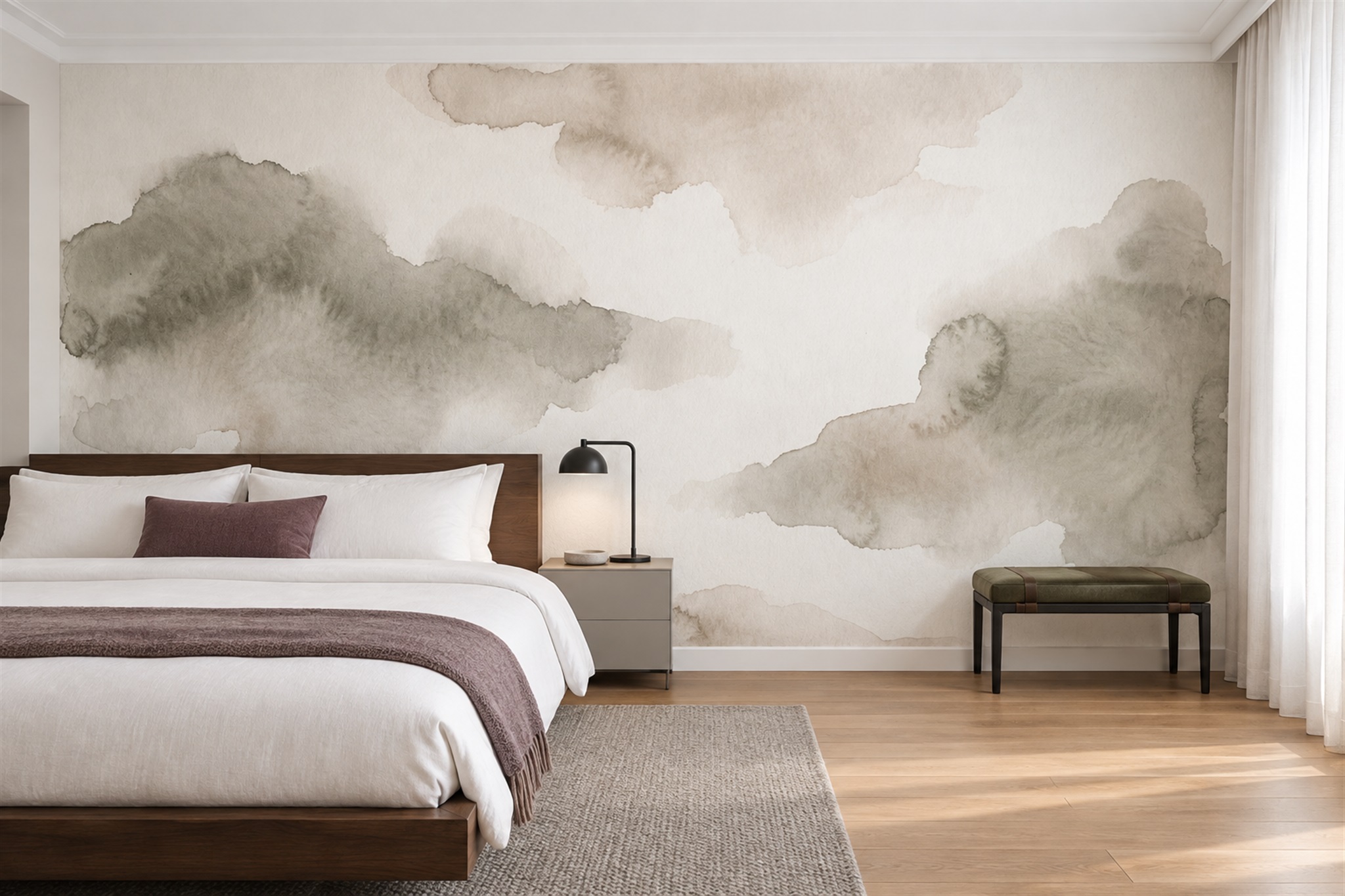 Grey Cloud Watercolour Wallpaper Mural — Installed Wallpaper Mural In A Bedroom, Peel-and-stick Finish