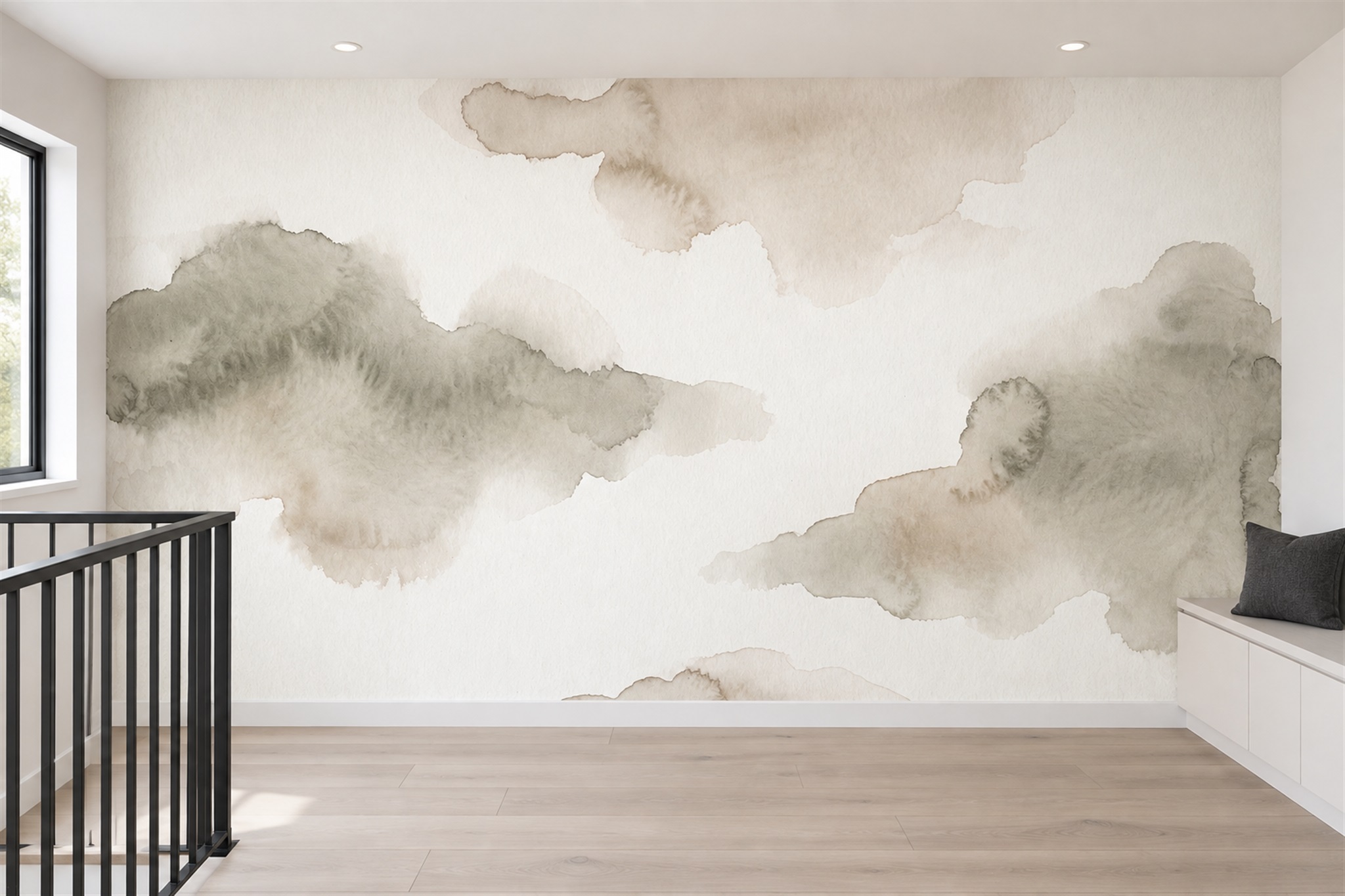 Sage Clouds Artful Wallpaper Mural Accent-wall-wallpaper-murals, Peel-and-stick Finish