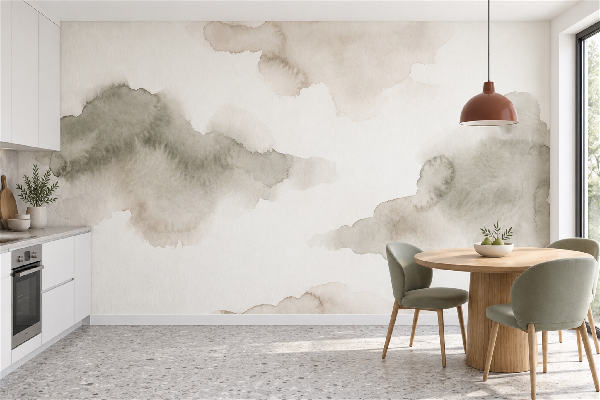 Sage Clouds Artful Wallpaper Mural Bedroom-wallpaper-murals, Peel-and-stick Finish