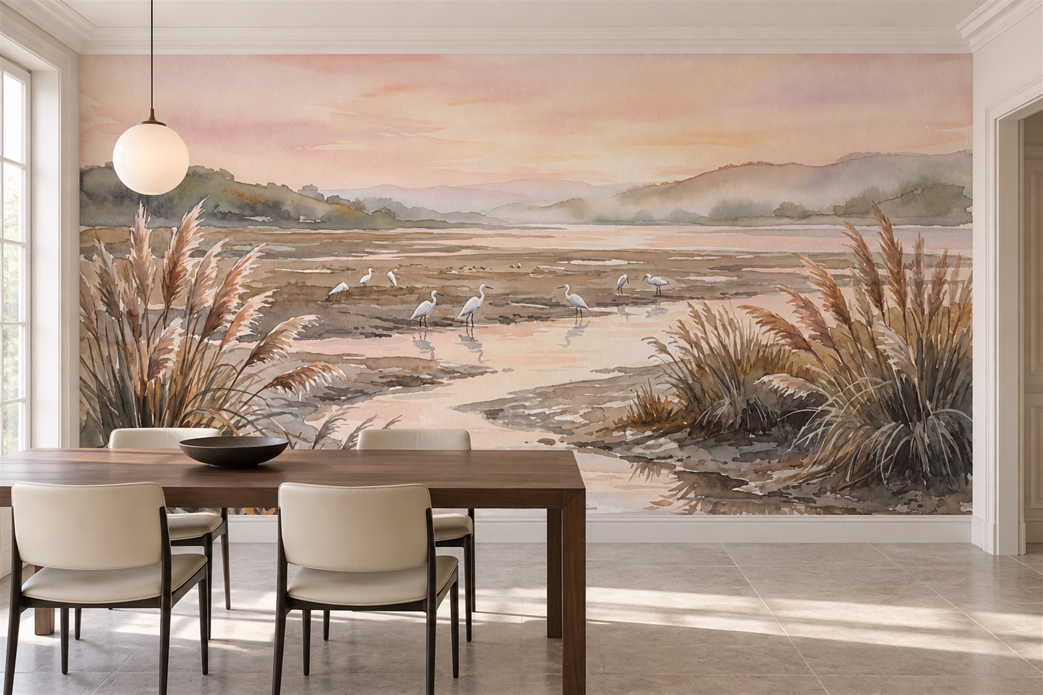 Peach Pattern Decorative Abstract Wallpaper Mural Dining-room-wallpaper-murals, Shown In A Dining Room, Peel-and-stick Finish