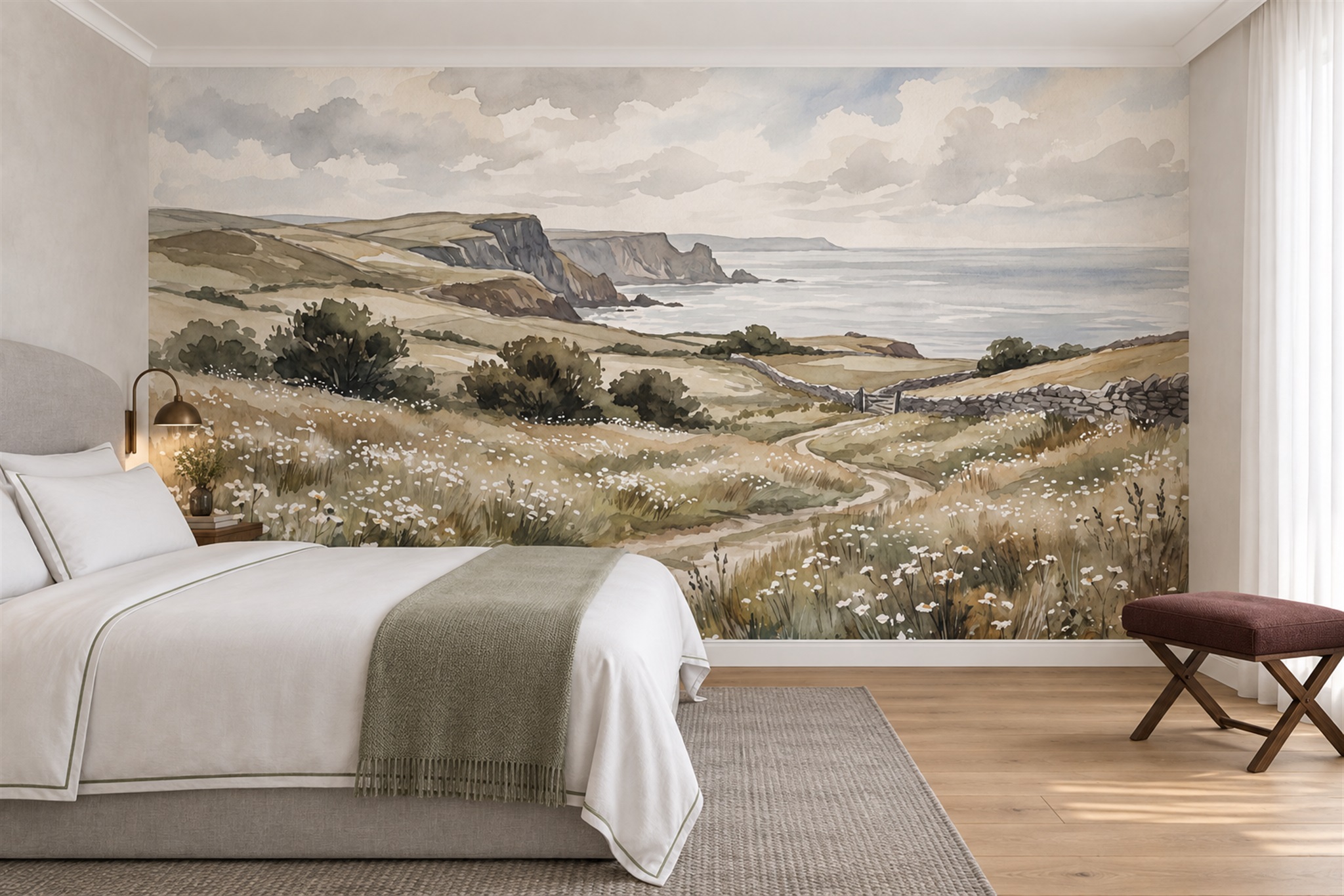 Beige Coastal Scenic Wallpaper Mural Bedroom-wallpaper-murals, Peel-and-stick Finish